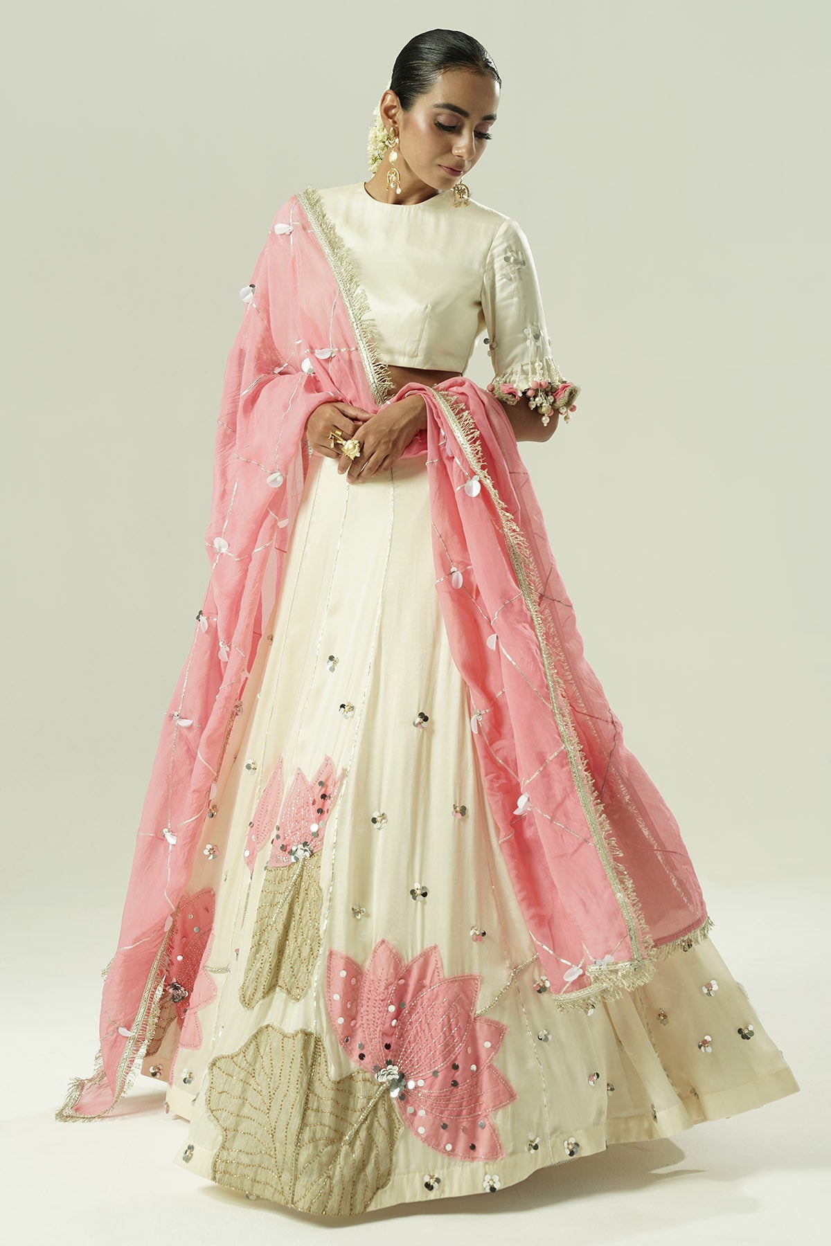 Buy Ivory Organza Pearl Lehenga Set for women by Shwetanga Designer online available at scrollnshops