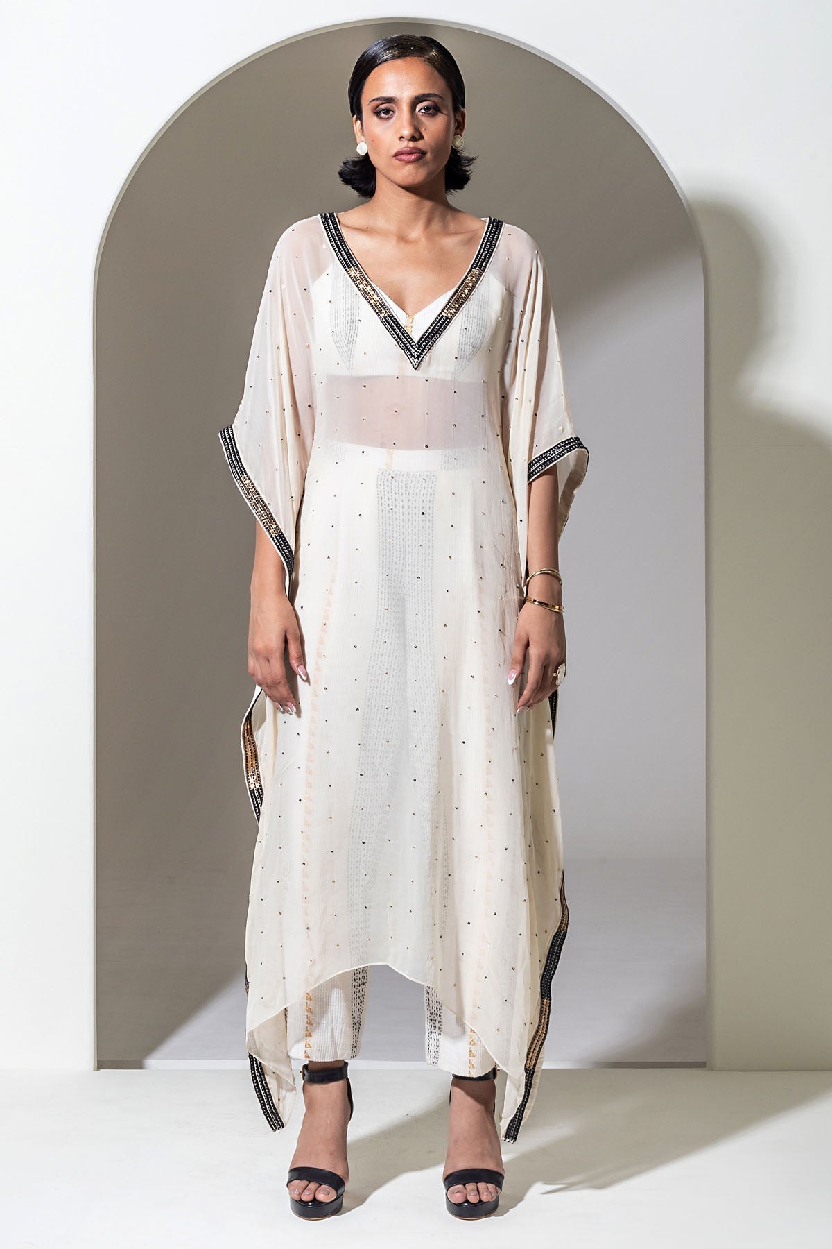 Designer Kusmi Gleaming Grandeur : Ivory Organza Kaftan Ensemble For Women at ScrollnShops