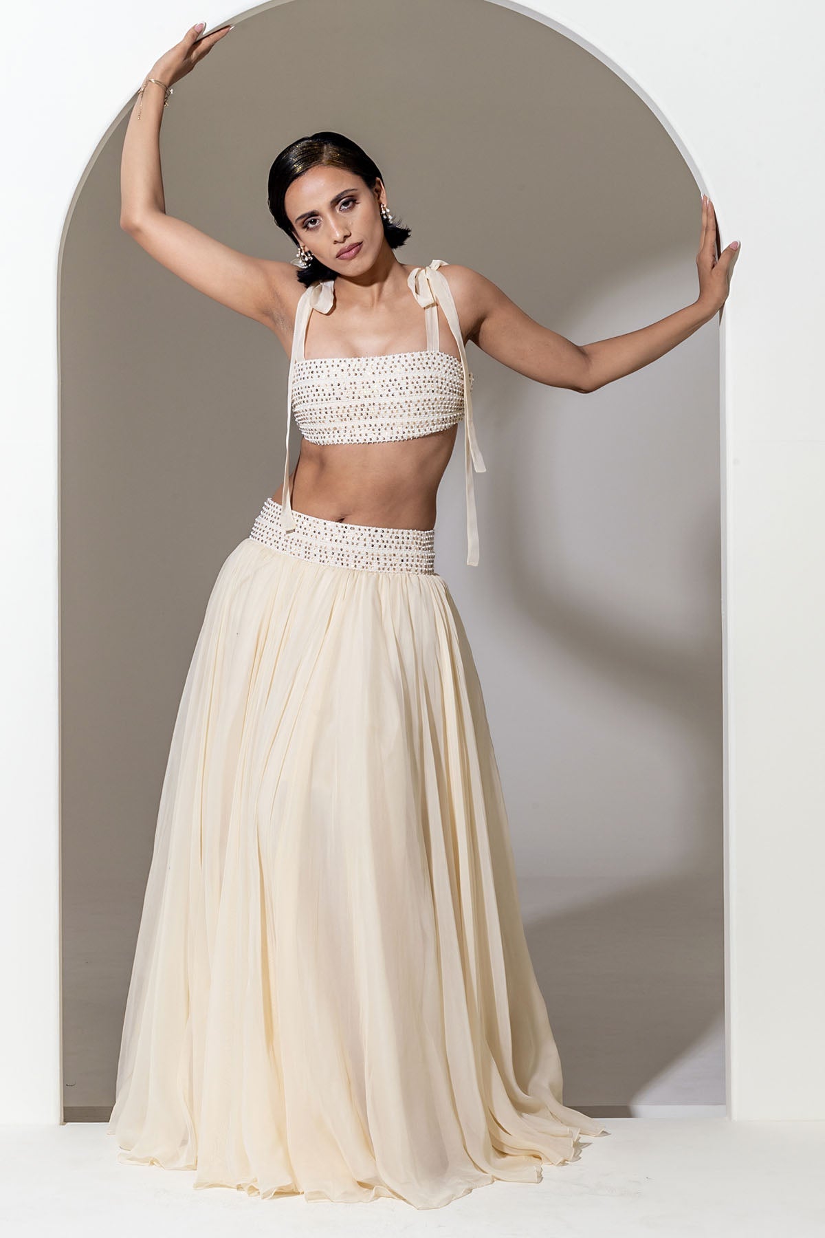 Designer Kusmi Ethereal Elegance: Ivory Organza Lehenga Set For Women at ScrollnShops