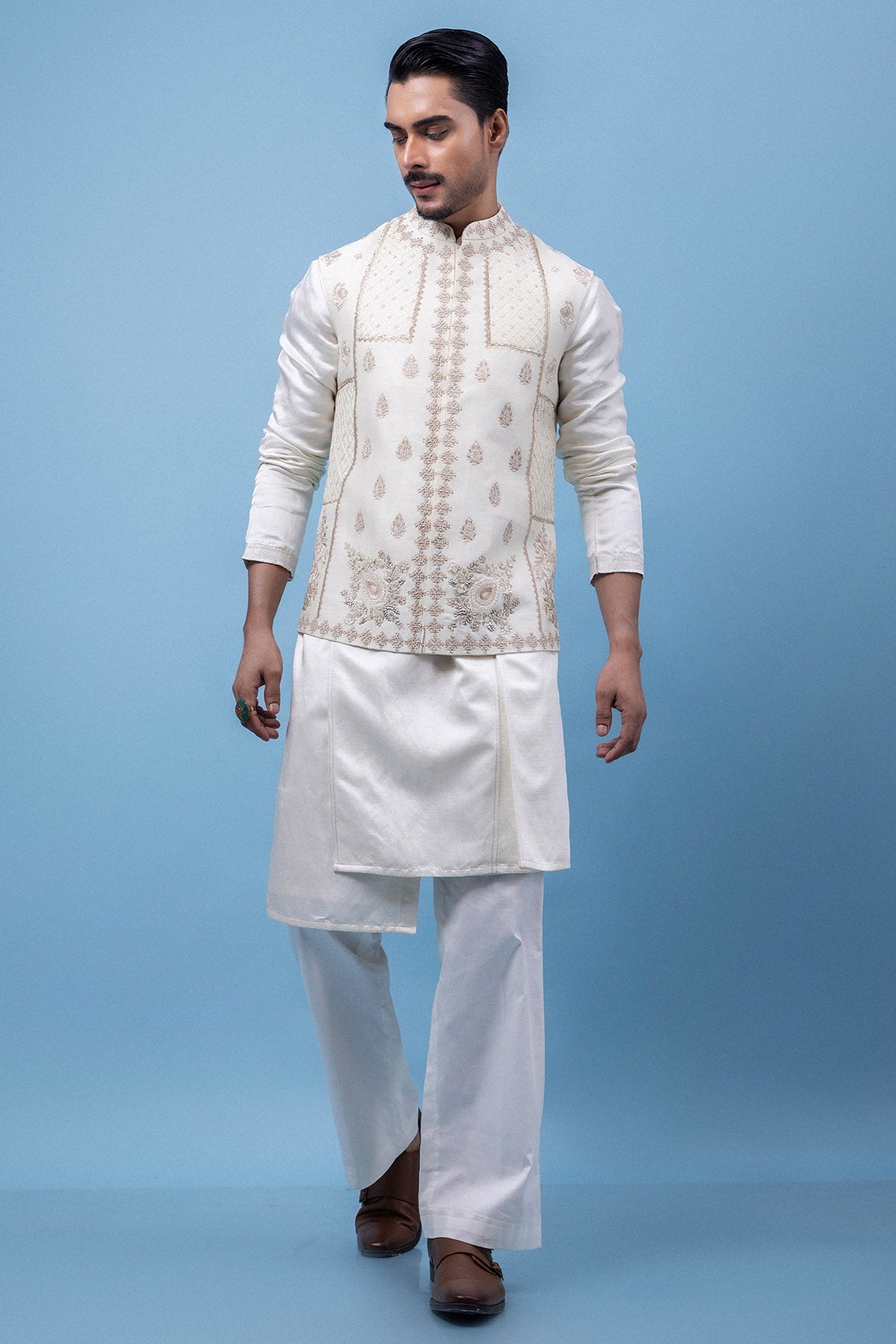 Buy Ivory Pastel Embroidery Kurta for men by Paarsh Atelier online available at scrollnshops