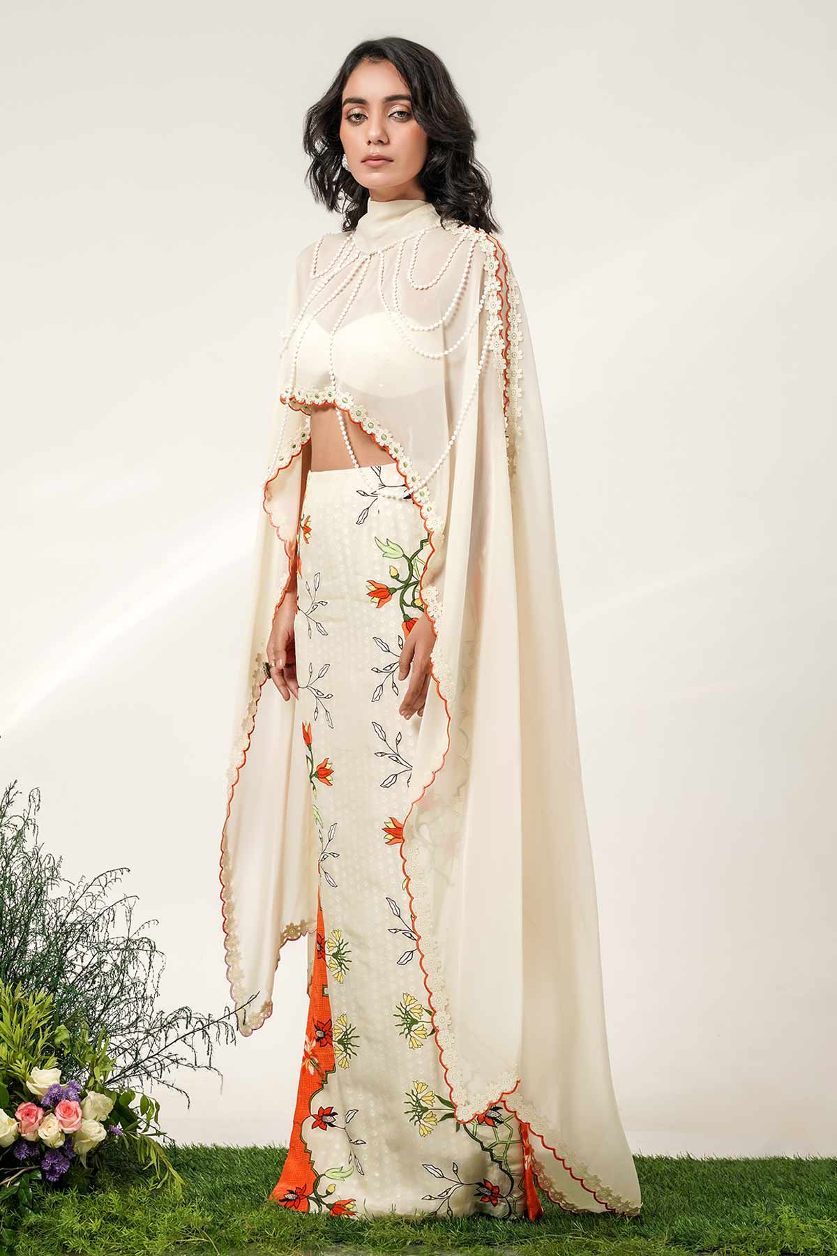 Ivory Patch Coloum Skirt Set