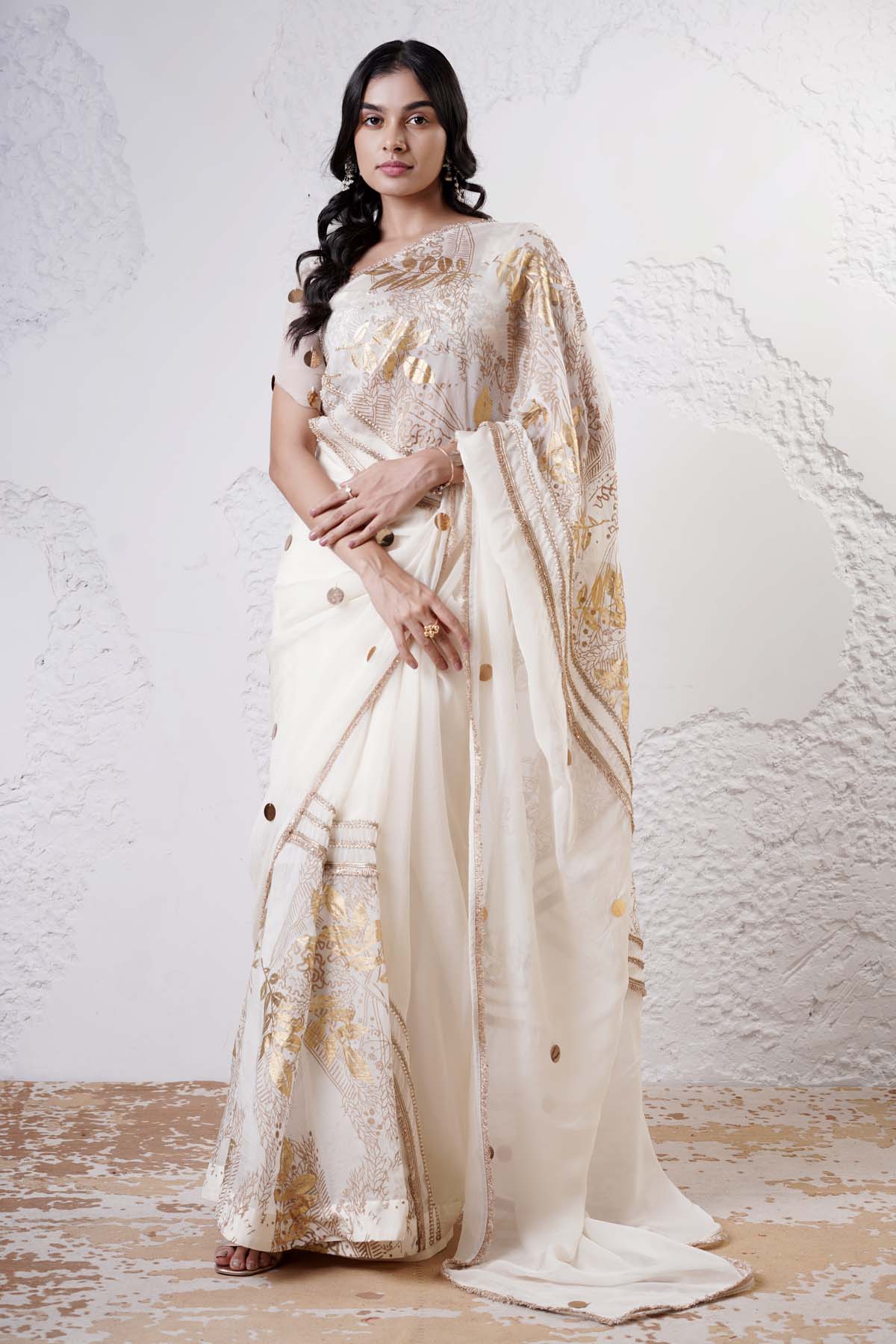 Shwetanga Ivory Patchwork Saree & Blouse for women online at ScrollnShops