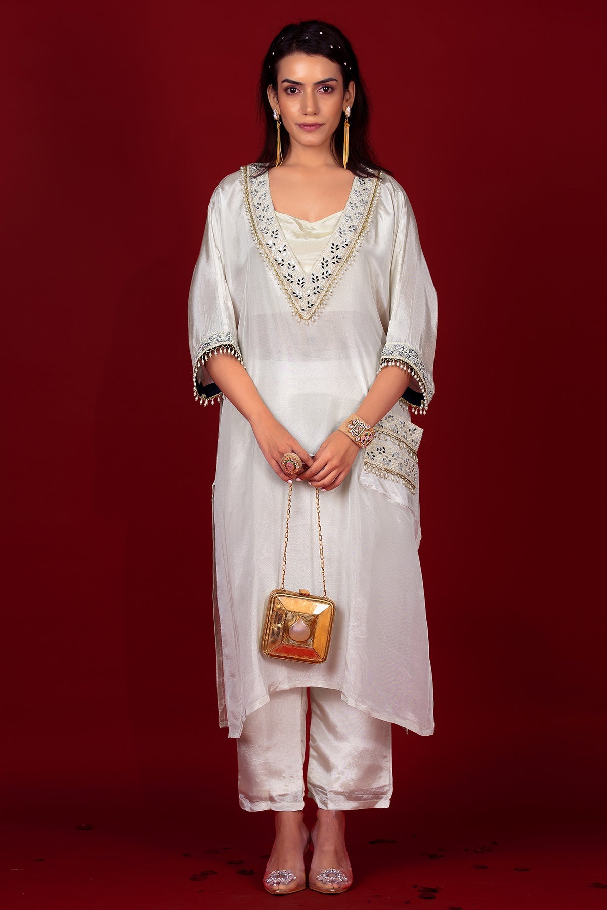Buy Label Niyami Ivory Pearl Deep Neck Kurta Set for women online available at ScrollnShops