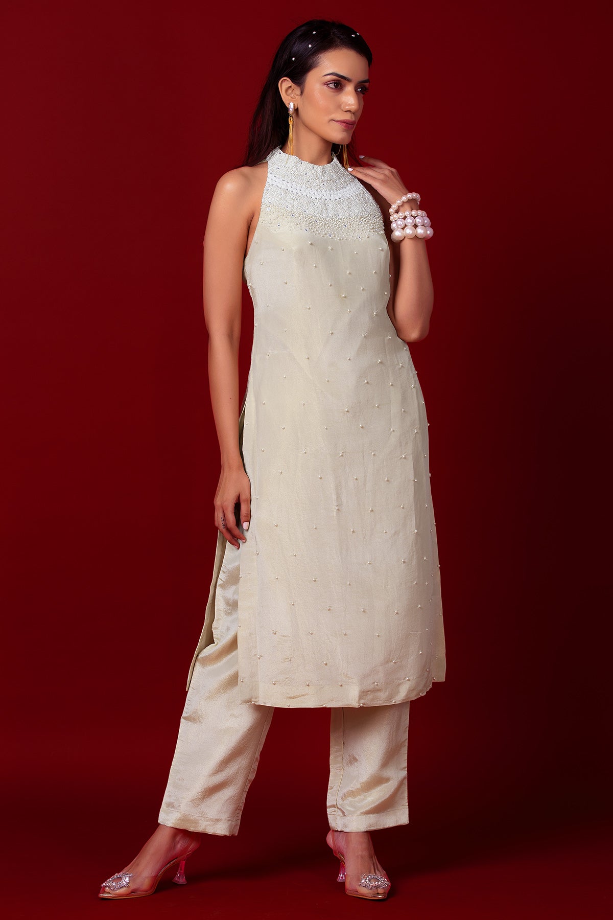 Buy Label Niyami Ivory Pearl Pattern Tunic Set for women online available at ScrollnShops