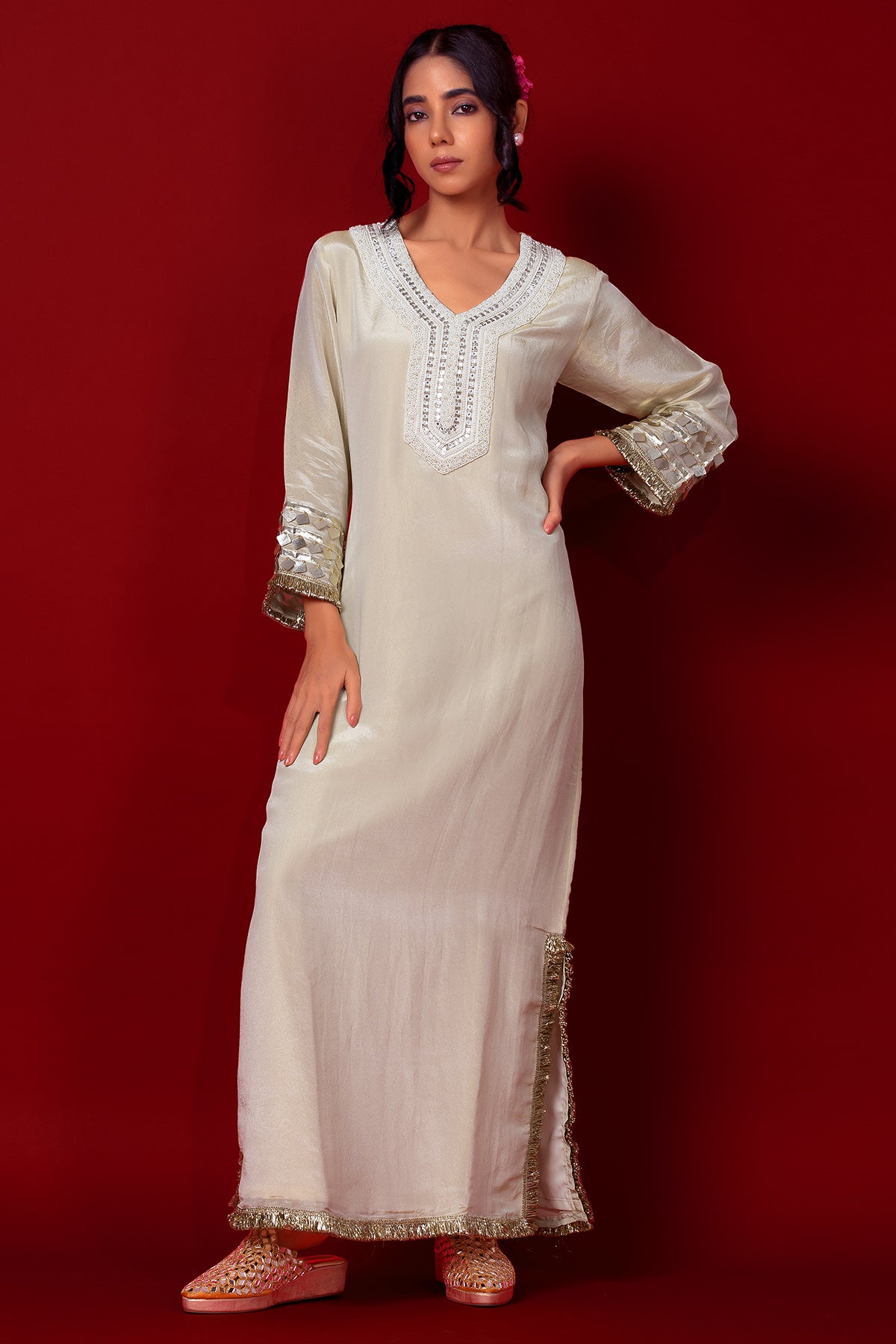 Buy Label Niyami Ivory Pearl Tunic Kaftan Dress for women online available at ScrollnShops