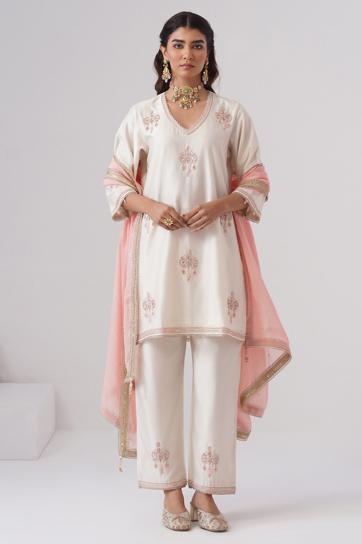 Buy Ivory Pearl & Zardozi Kurta Set for women by Ugna by Unnati online available at scrollnshops