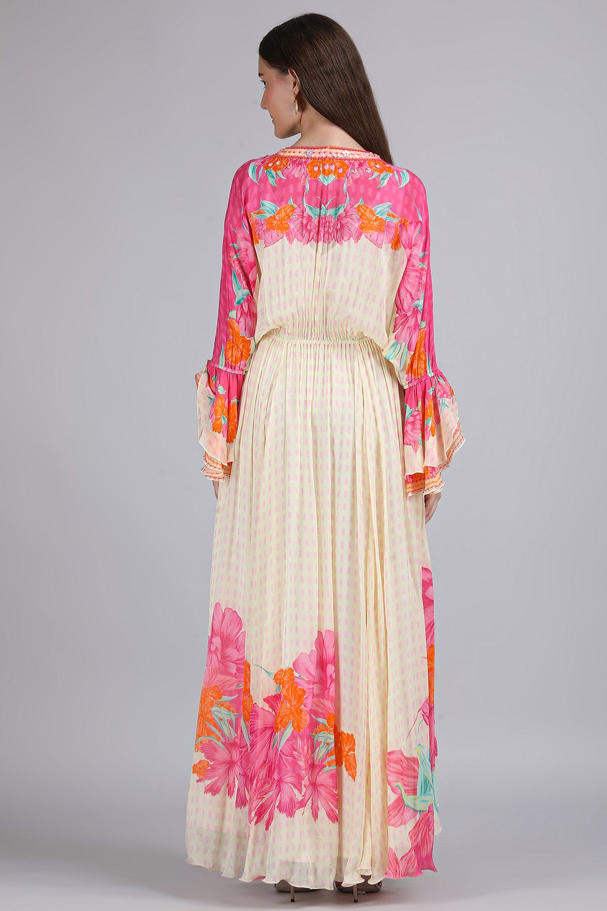 Ivory Pink Floral Kaftan Dress