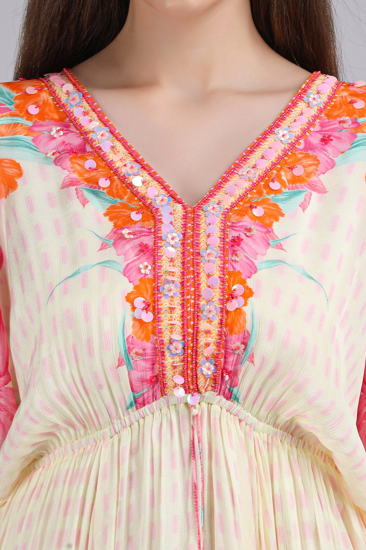 Ivory Pink Floral Kaftan Dress