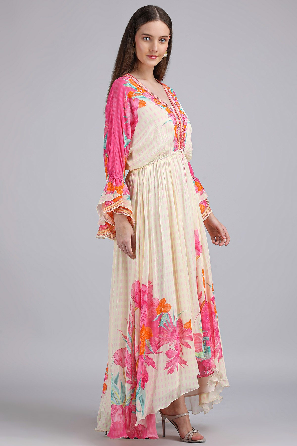 Ivory Pink Floral Kaftan Dress