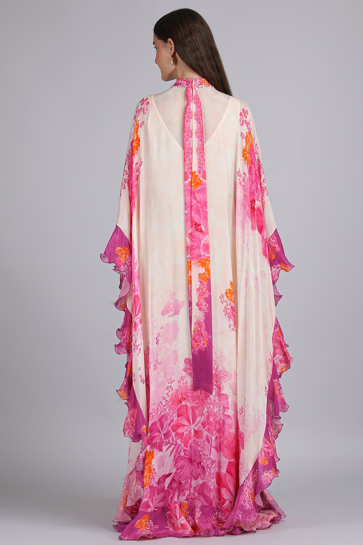 Ivory Pink Floral Print Kaftan