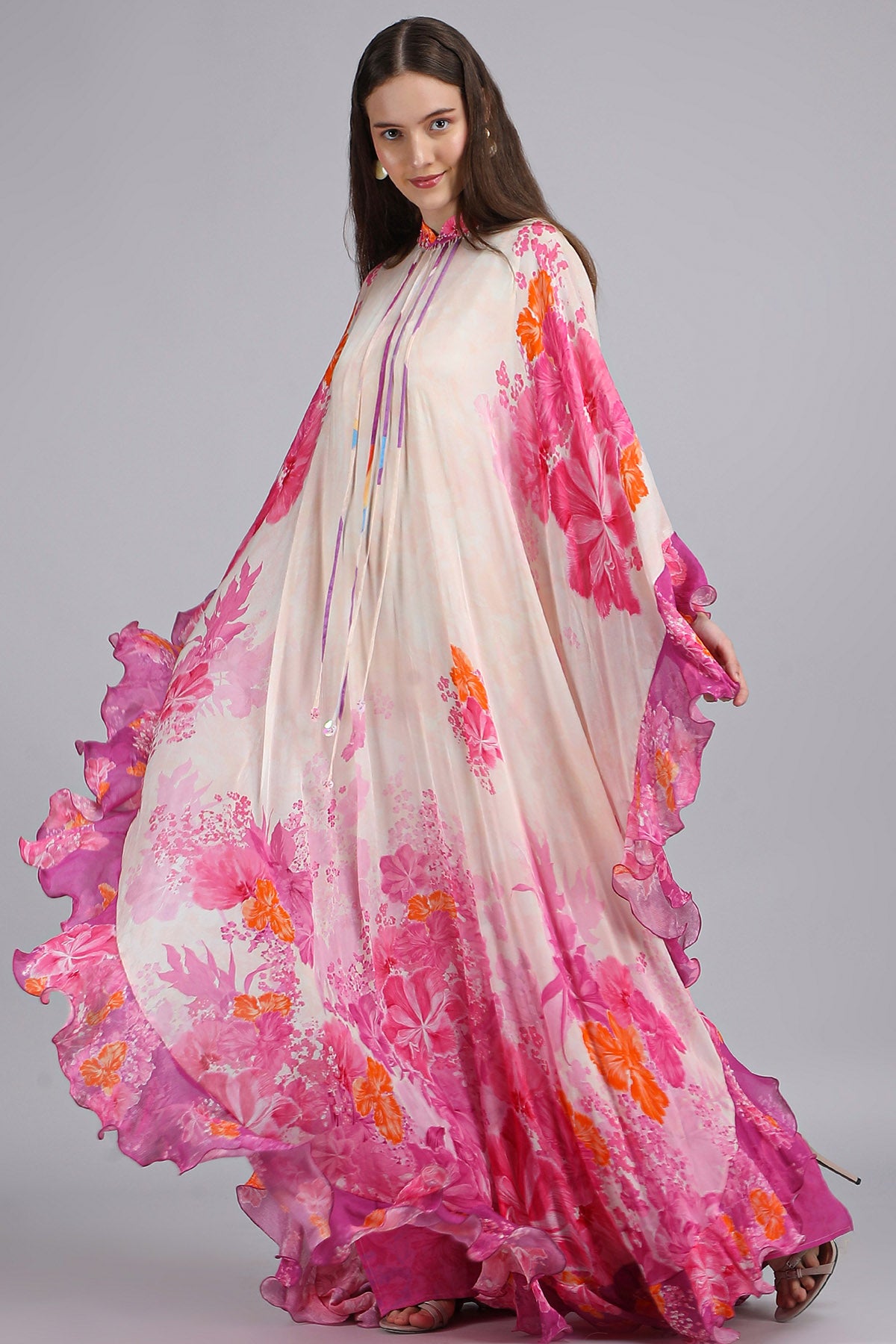 Ivory Pink Floral Print Kaftan