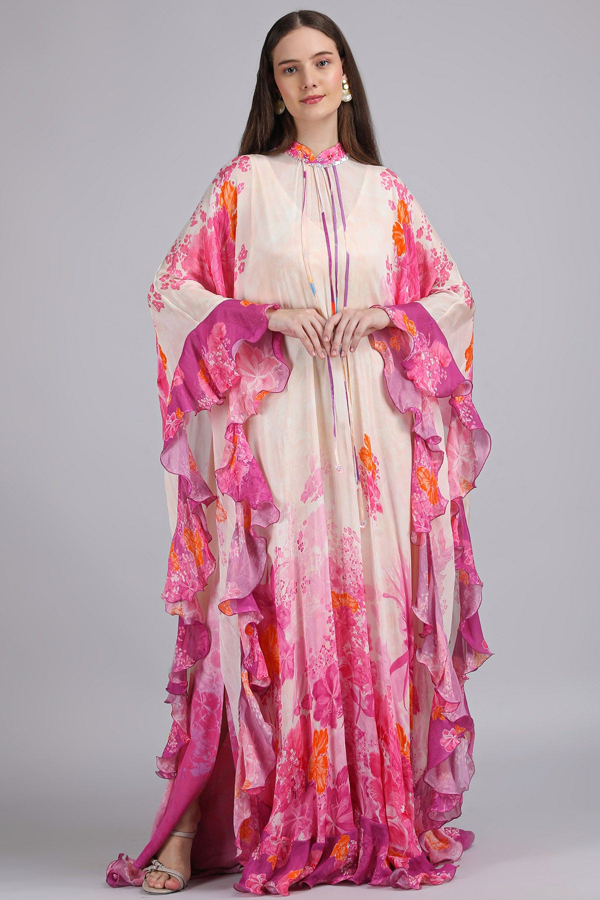 Ivory Pink Floral Print Kaftan