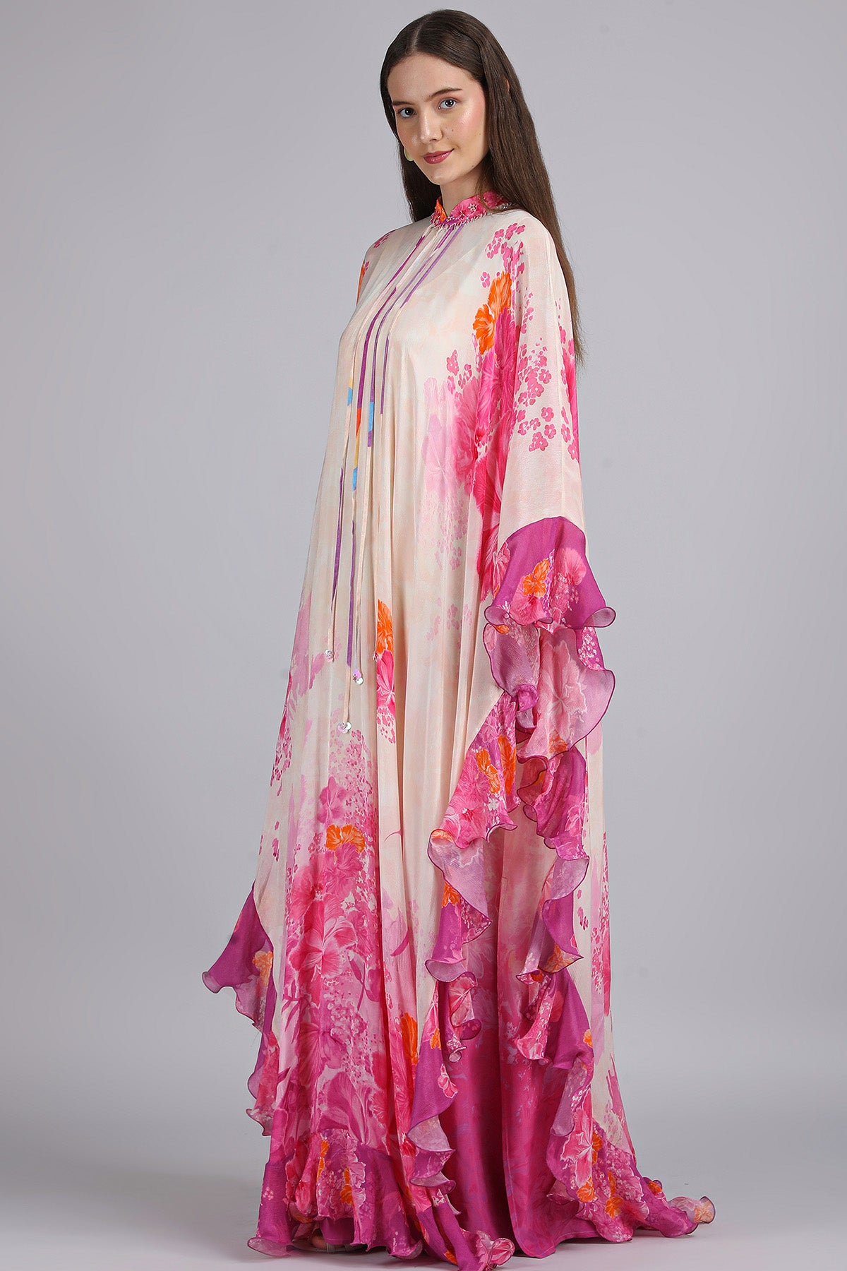 Ivory Pink Floral Print Kaftan