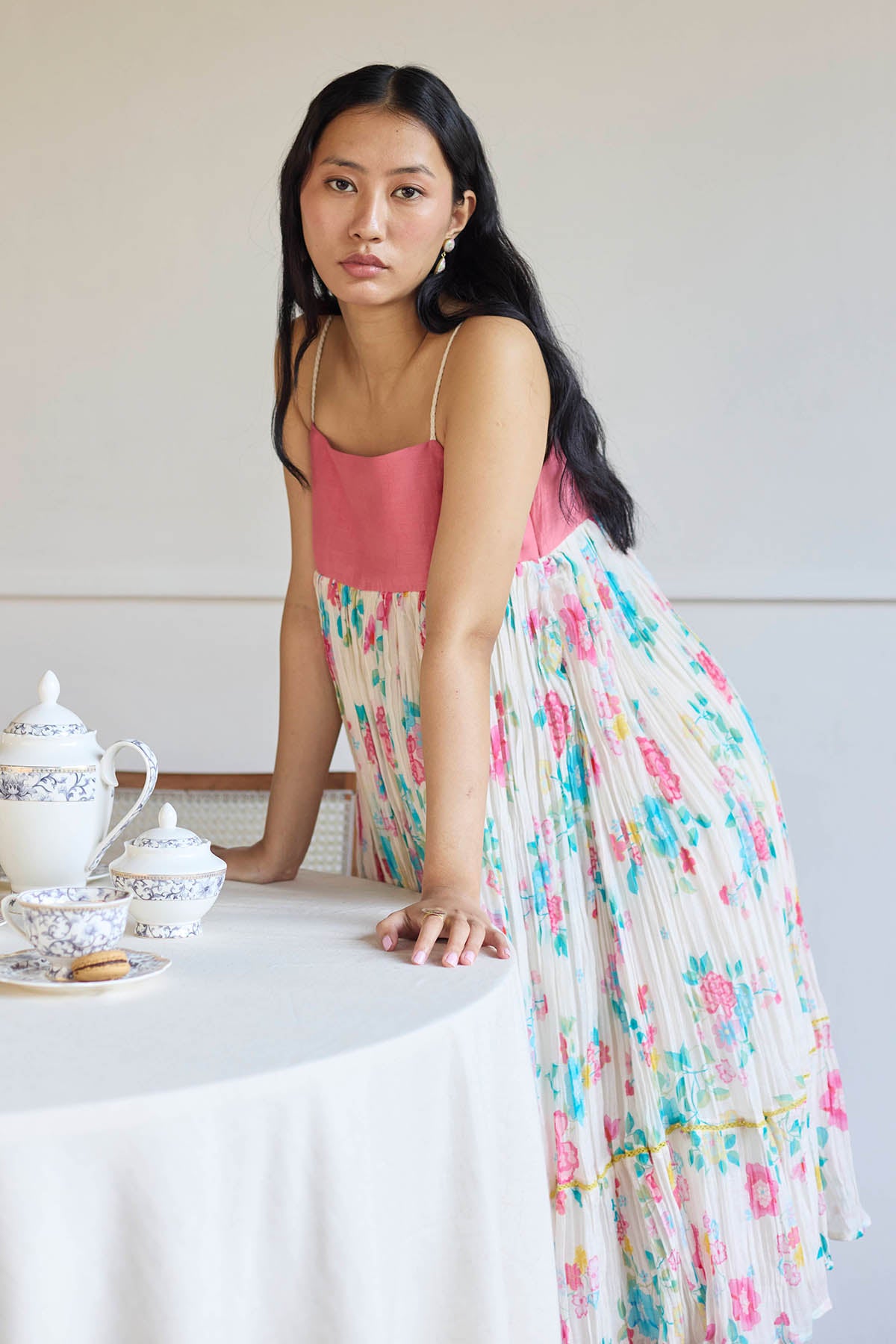 Ivory & Pink Straps Midi Dress