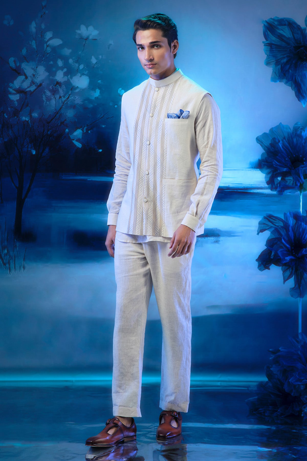 Ivory Pintuck Nehru Jacket Set