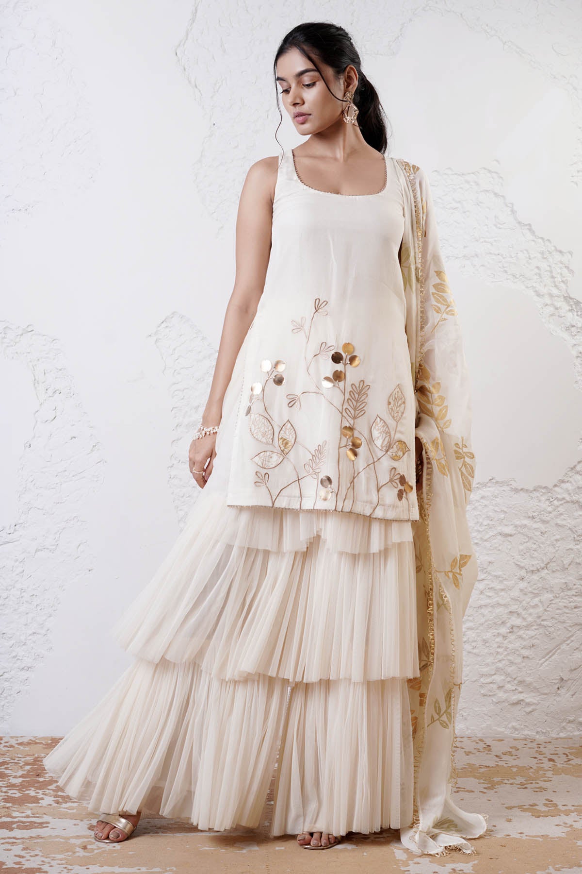 Ivory Print Layered Sharara Set