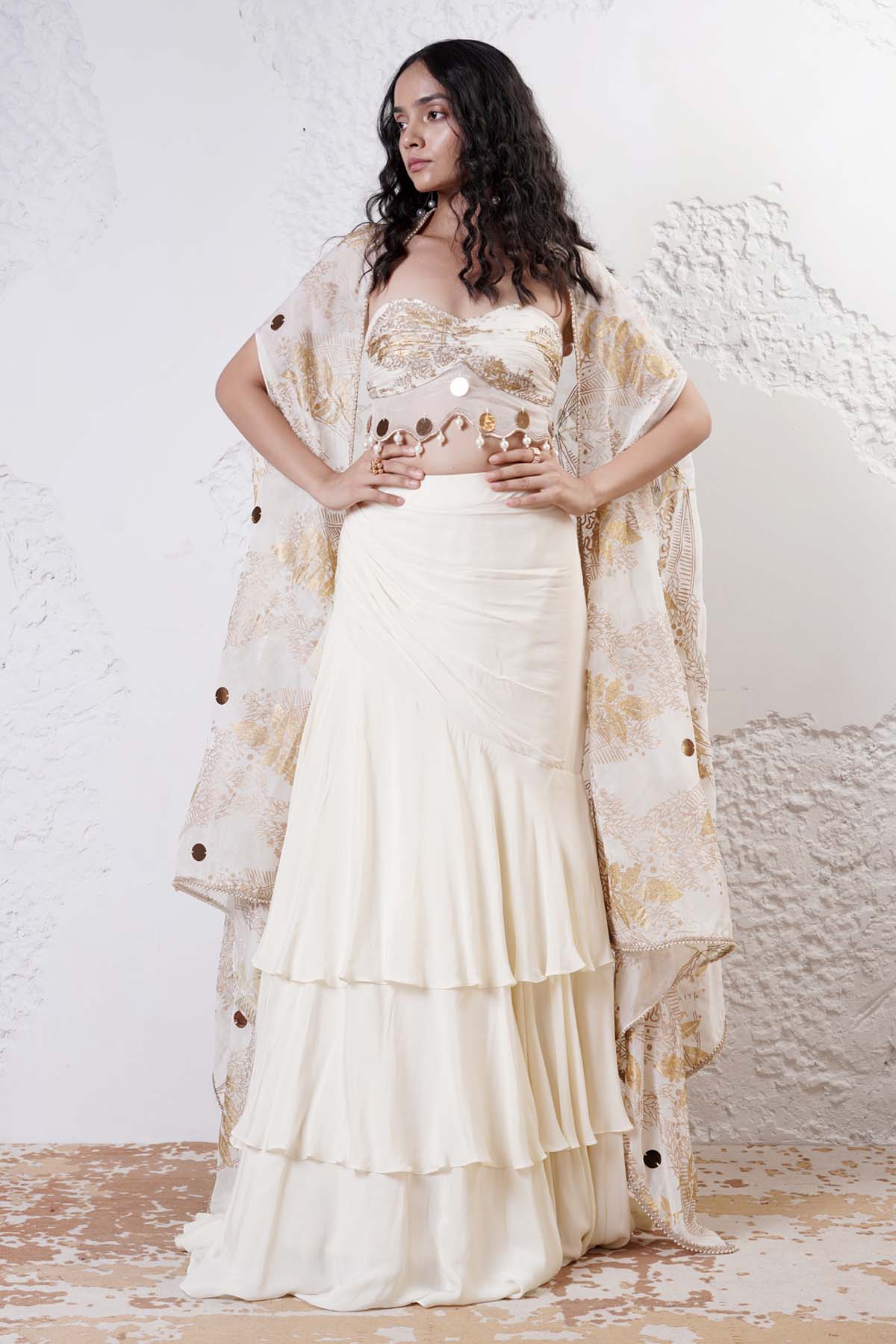Ivory Print Lehenga Set & Cape