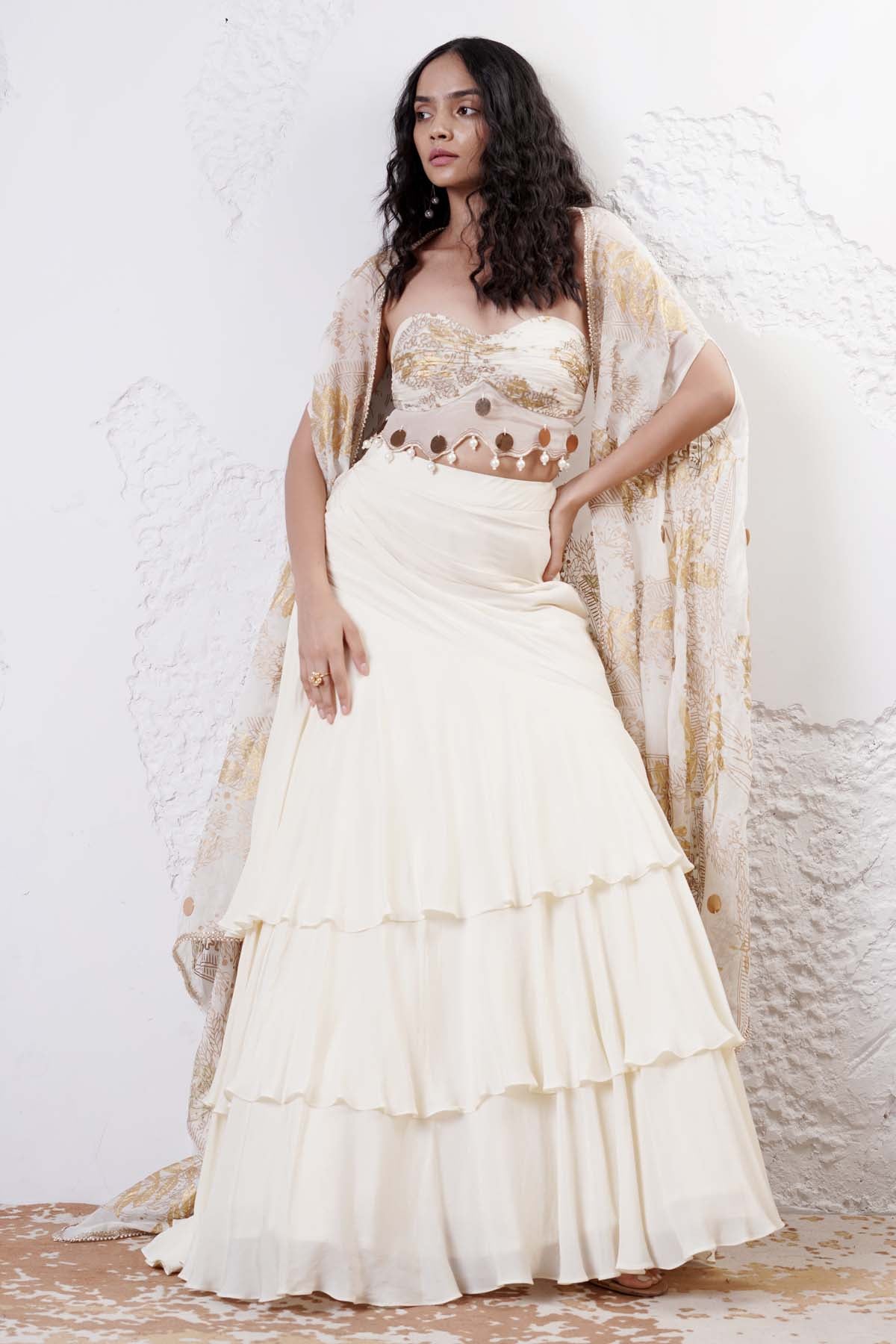 Shwetanga Ivory Print Lehenga Set & Cape for women online at ScrollnShops