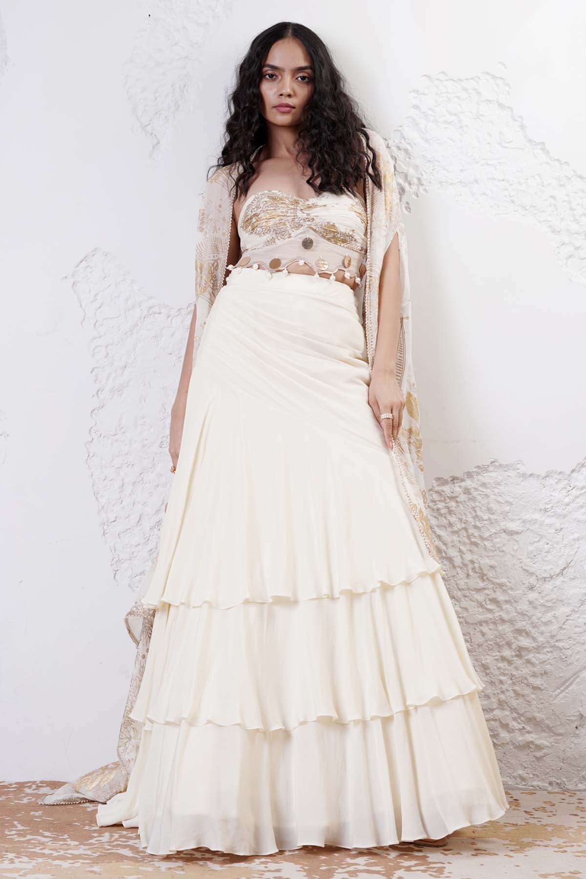 Ivory Print Lehenga Set & Cape