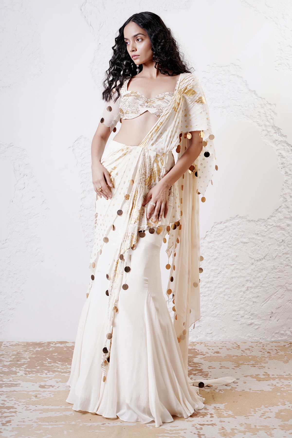Shwetanga Ivory Print Pre-Draped Saree for women online at ScrollnShops