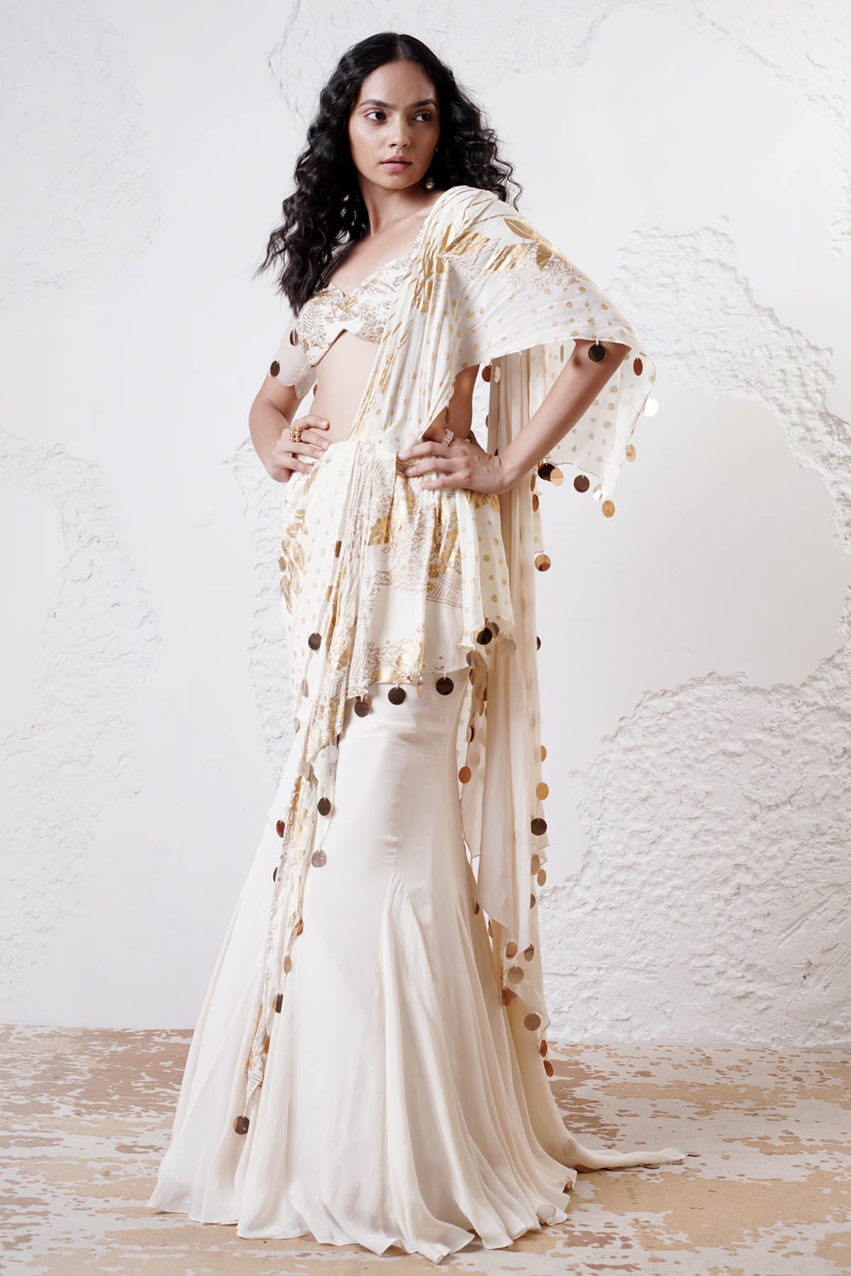 Ivory Print Pre-Draped Saree