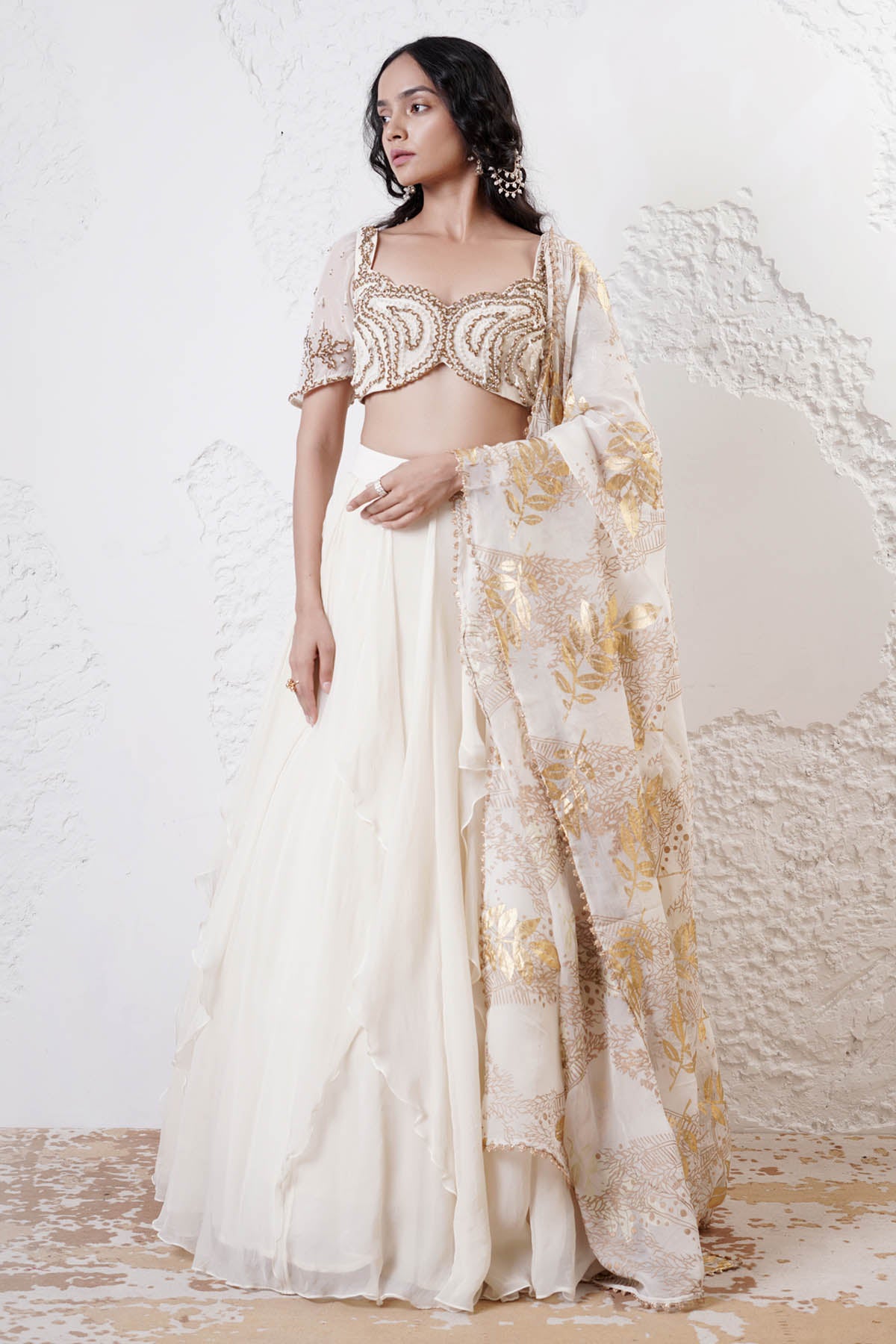 Ivory Print Ruffled Lehenga Set