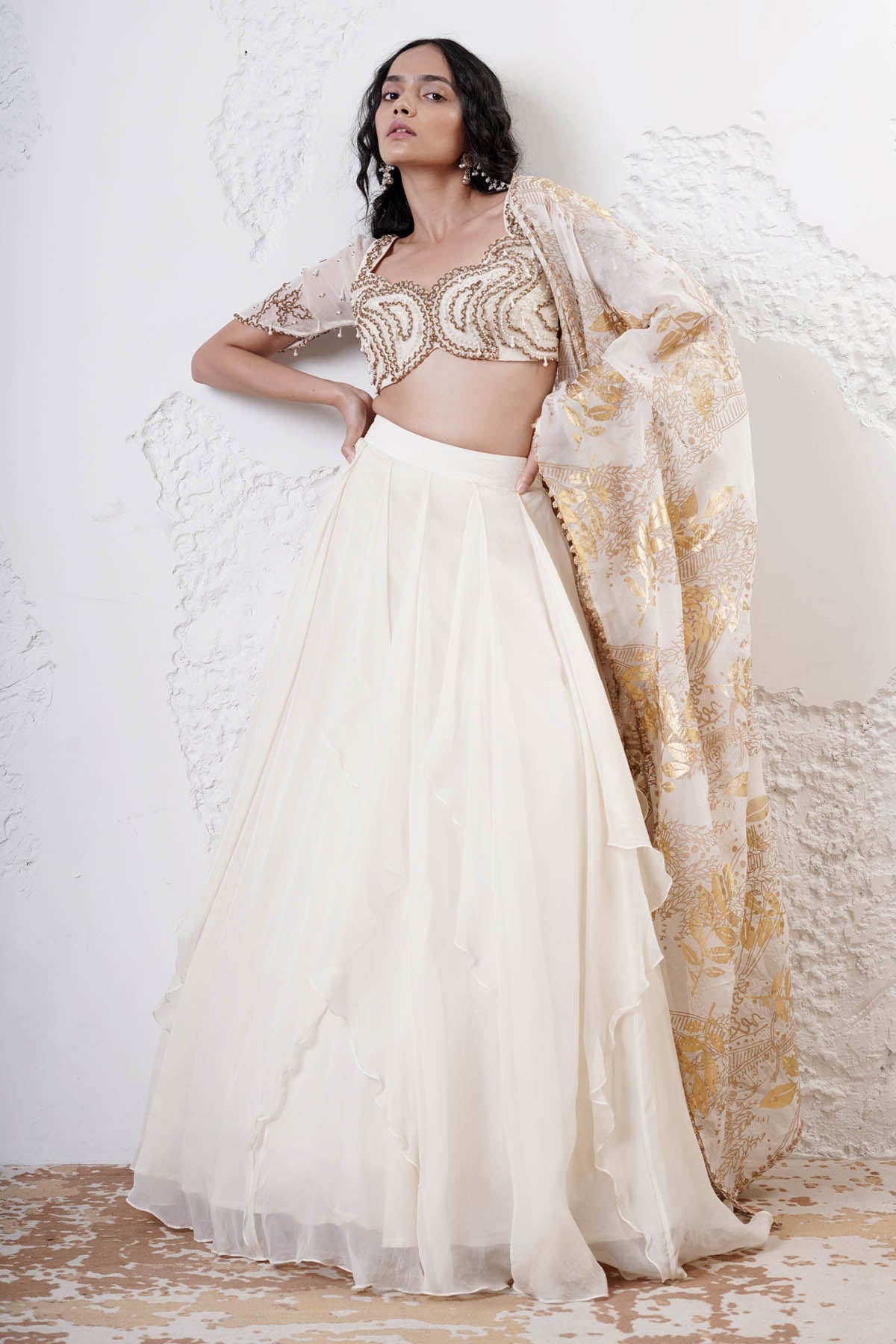 Shwetanga Ivory Print Ruffled Lehenga Set for women online at ScrollnShops