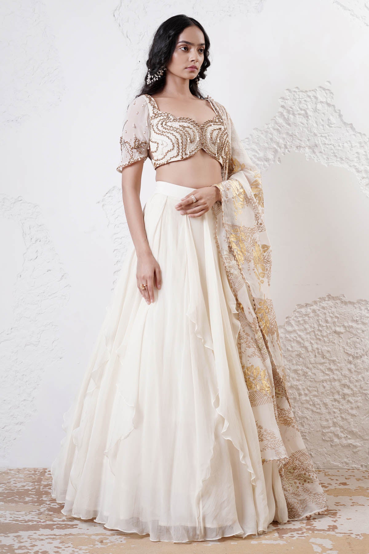 Ivory Print Ruffled Lehenga Set
