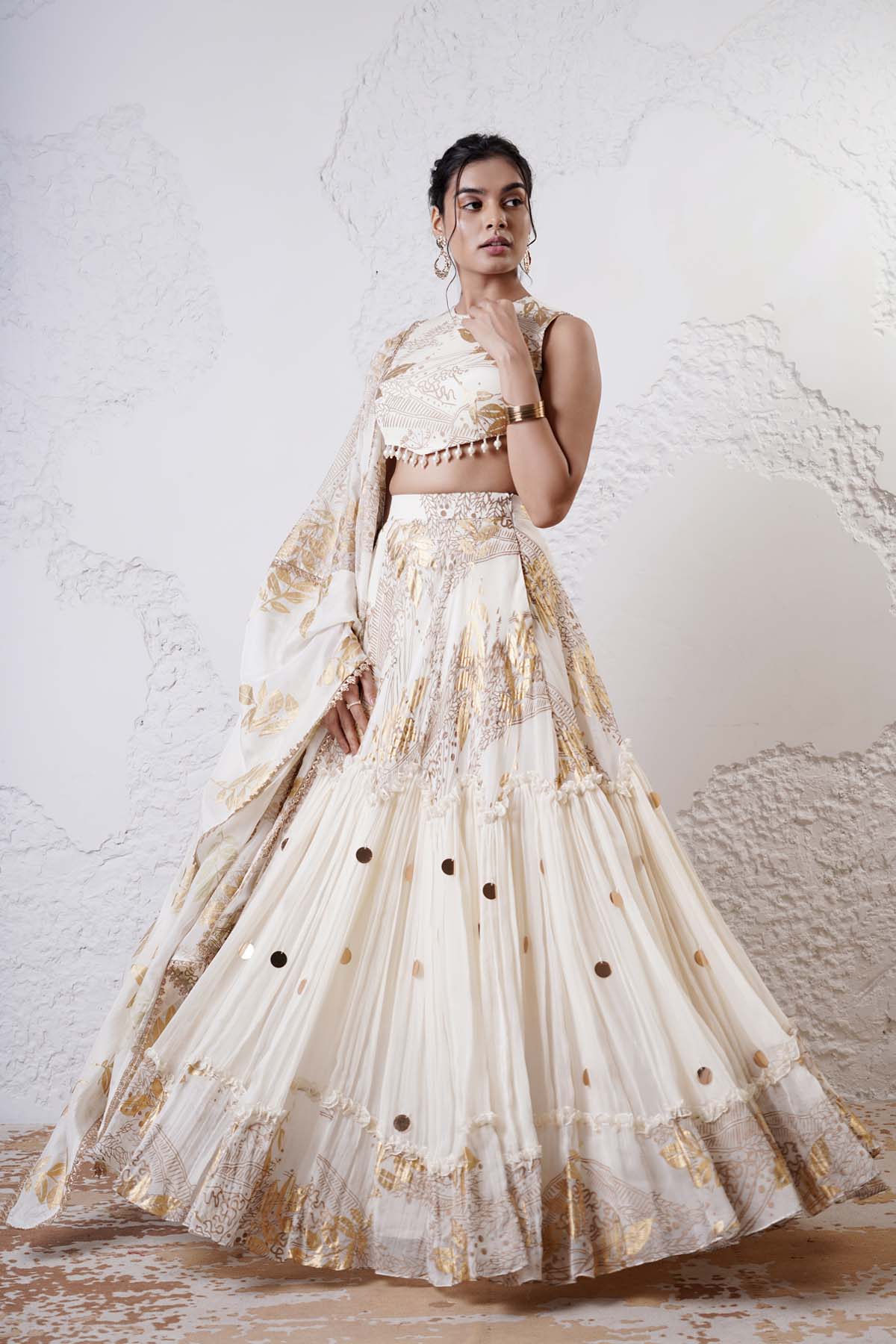 Ivory Print Tiered Lehenga Set