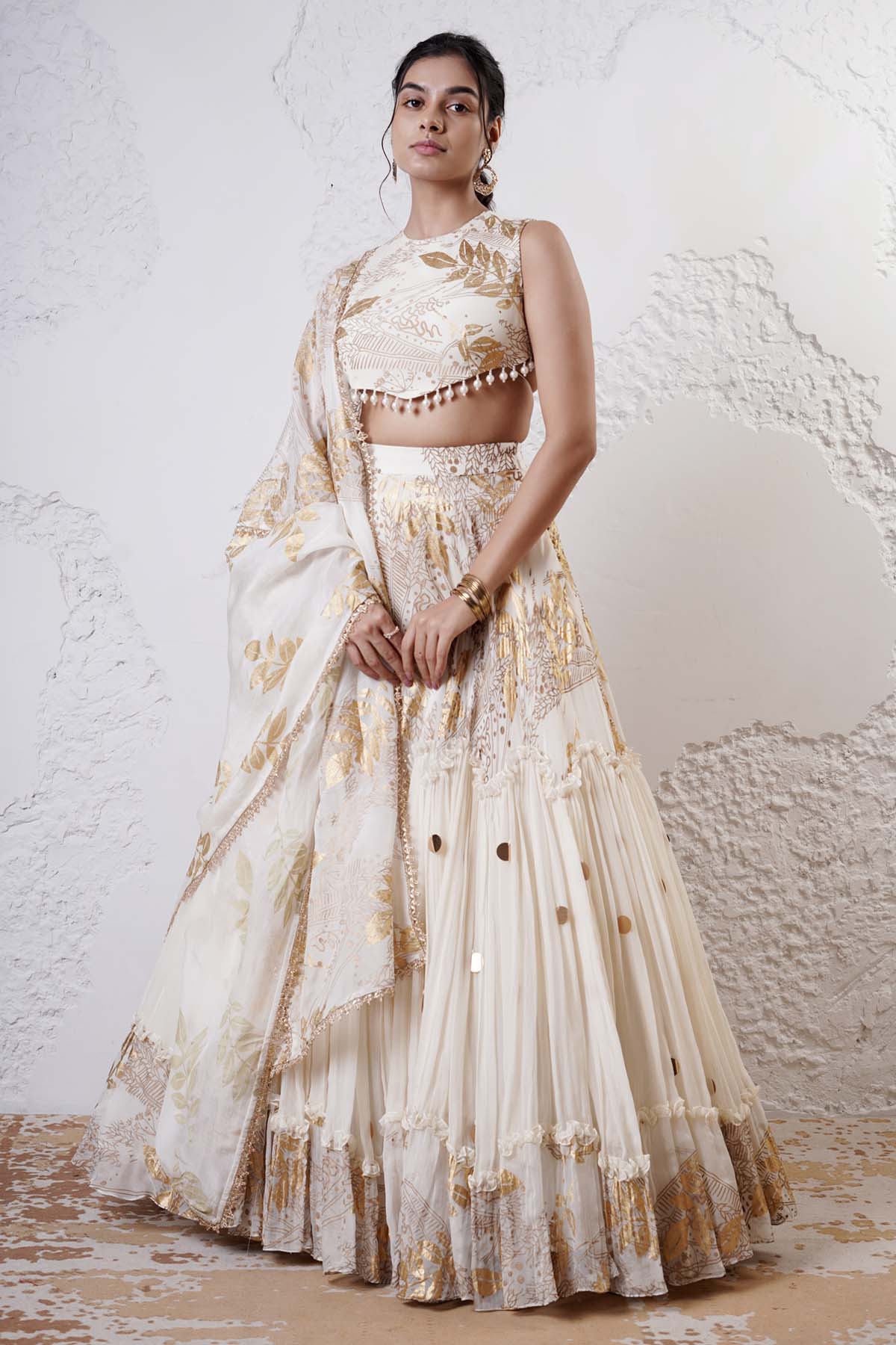 Ivory Print Tiered Lehenga Set