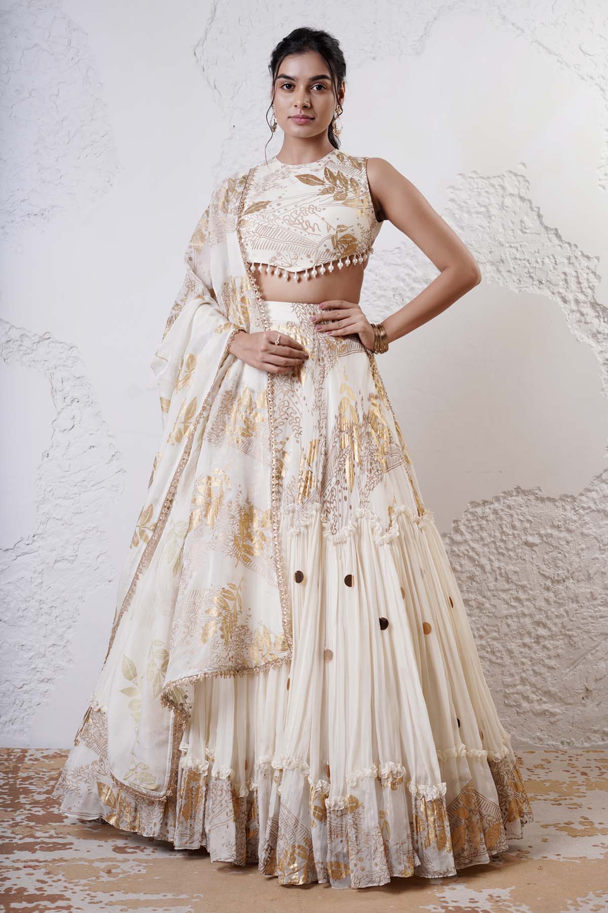 Shwetanga Ivory Print Tiered Lehenga Set for women online at ScrollnShops