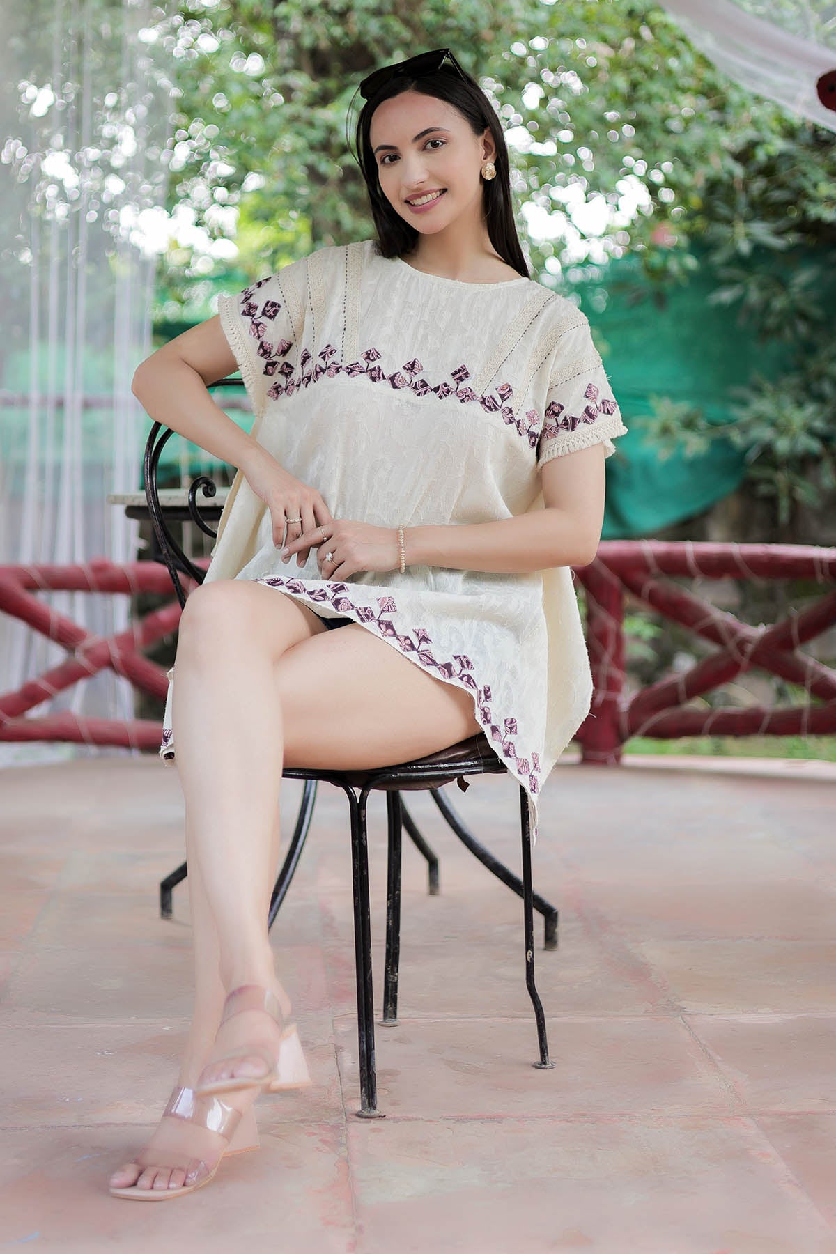 Ivory Printed Applique Kaftan