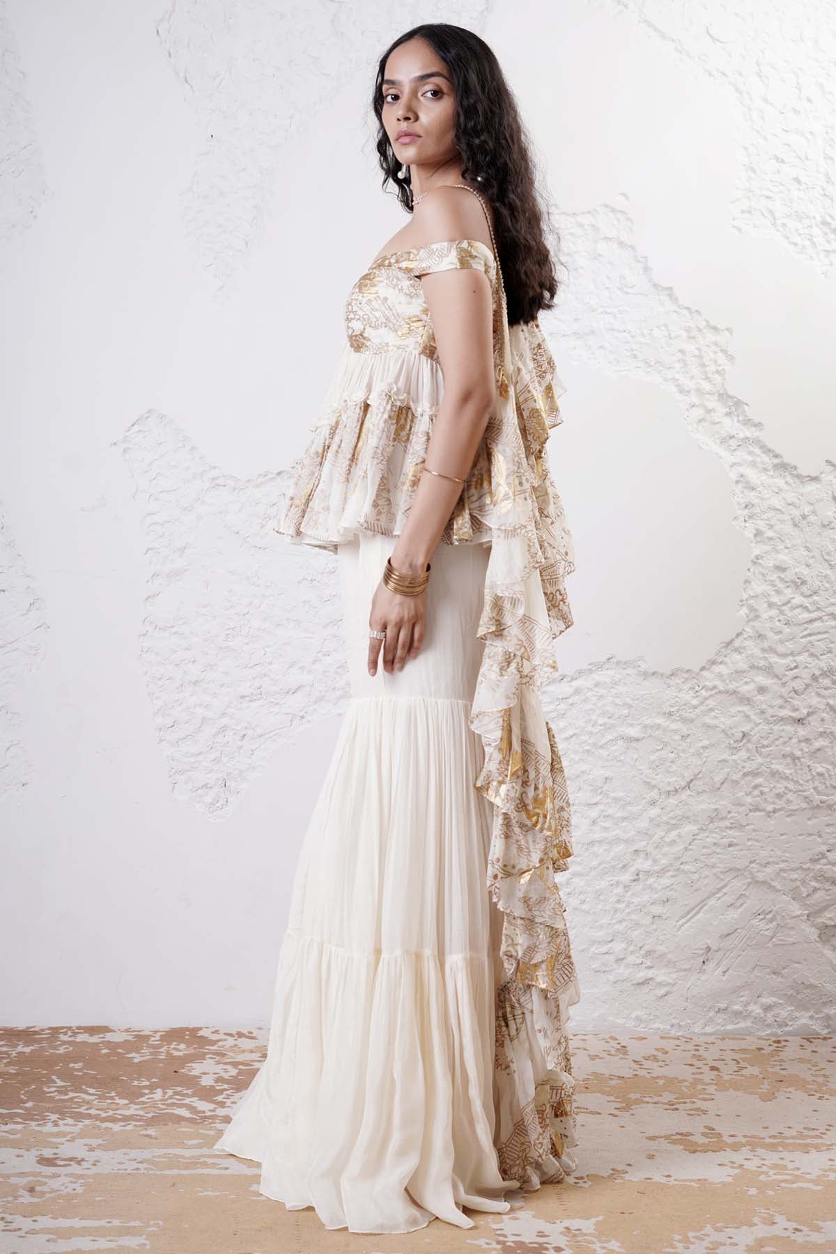 Ivory Printed Indo-Western Set