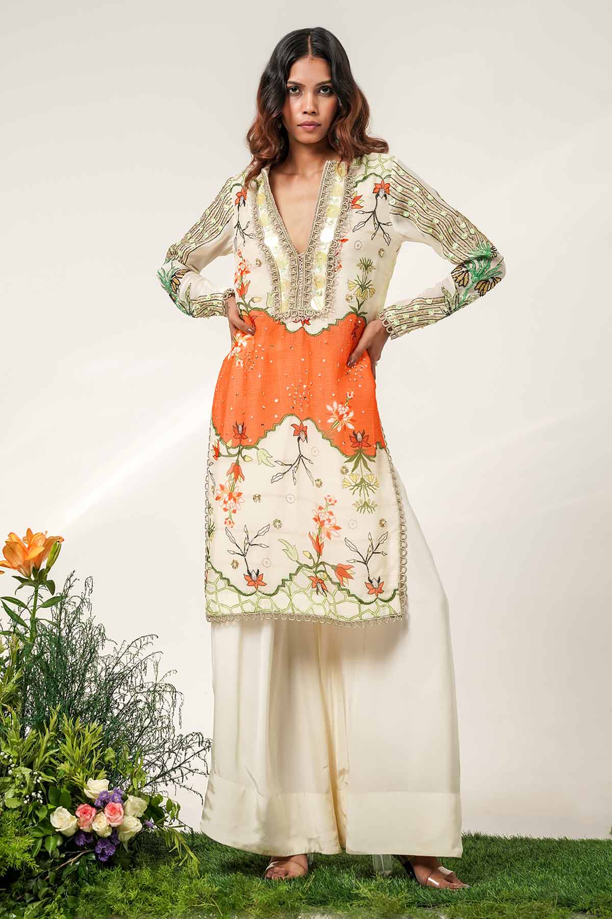 Ivory Printed Yoke Kurta Set