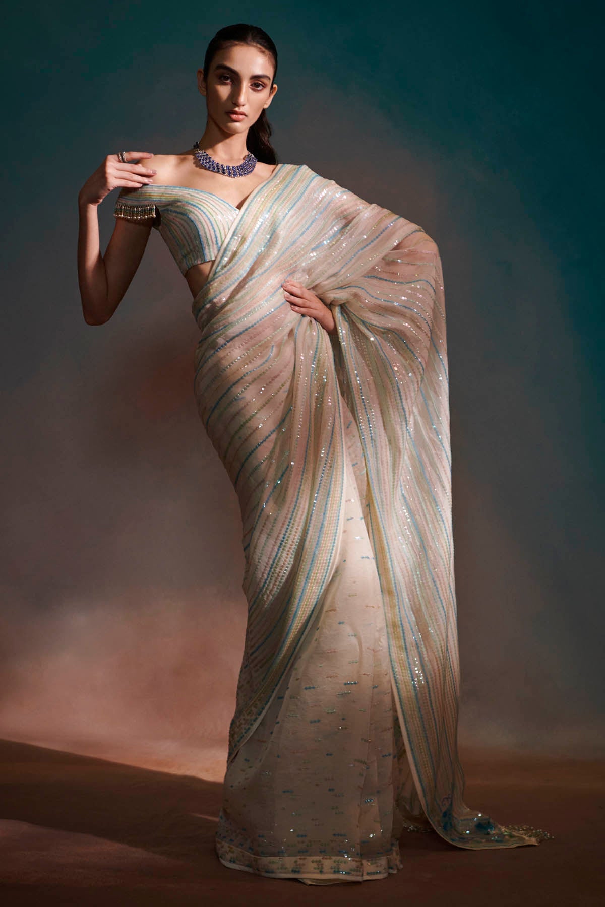 Anjali Kanwar Ivory Pure Sheer Silk Saree Set for women online at ScrollnShops