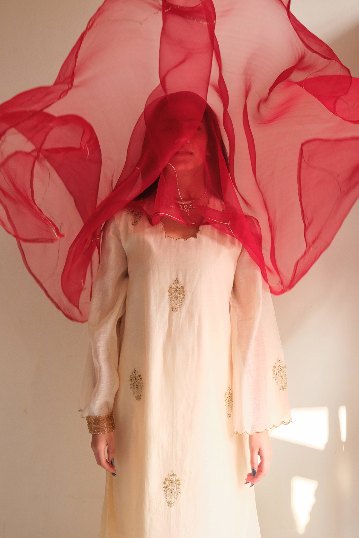 Ivory Red Embellished Kurta Set