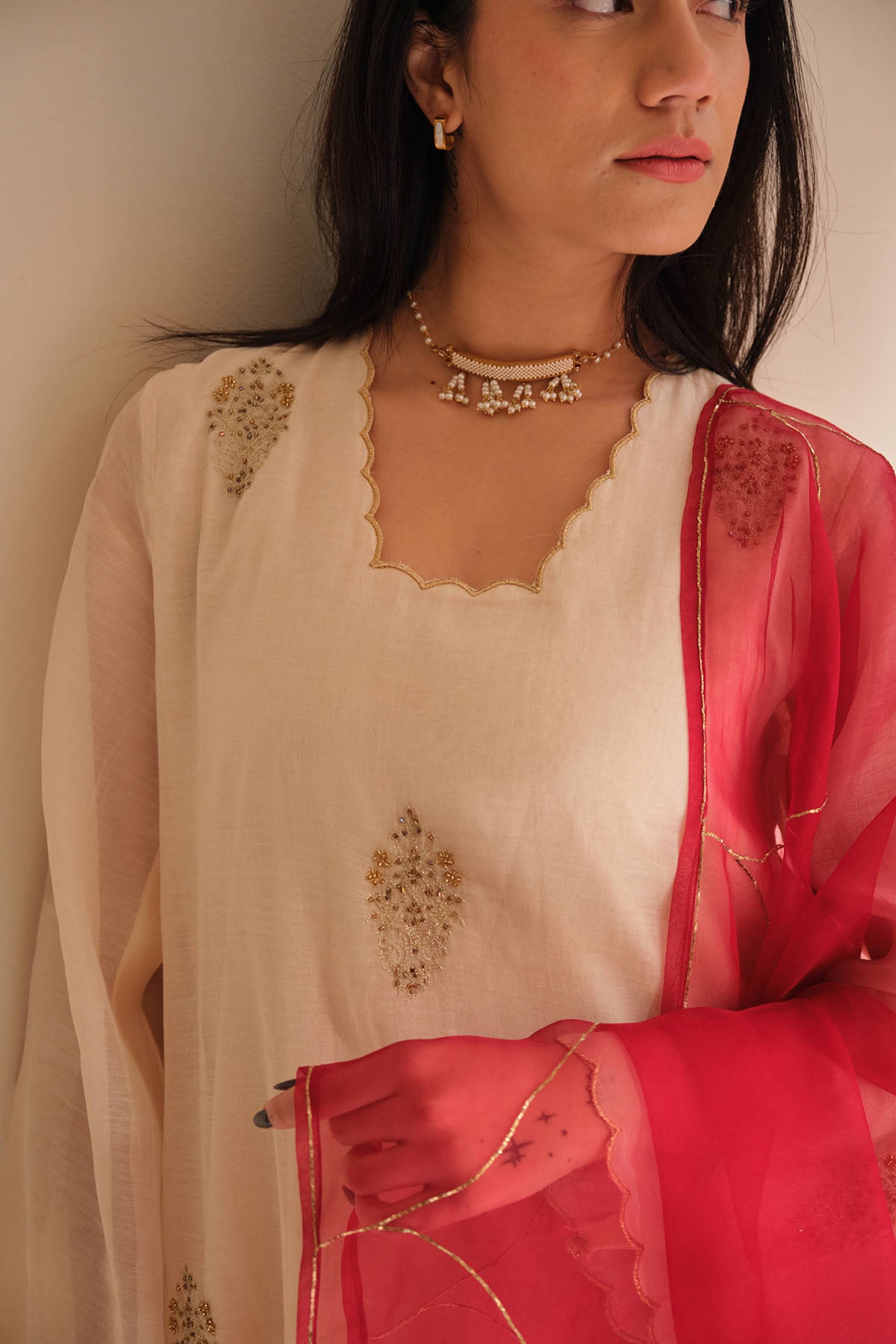 Ivory Red Embellished Kurta Set