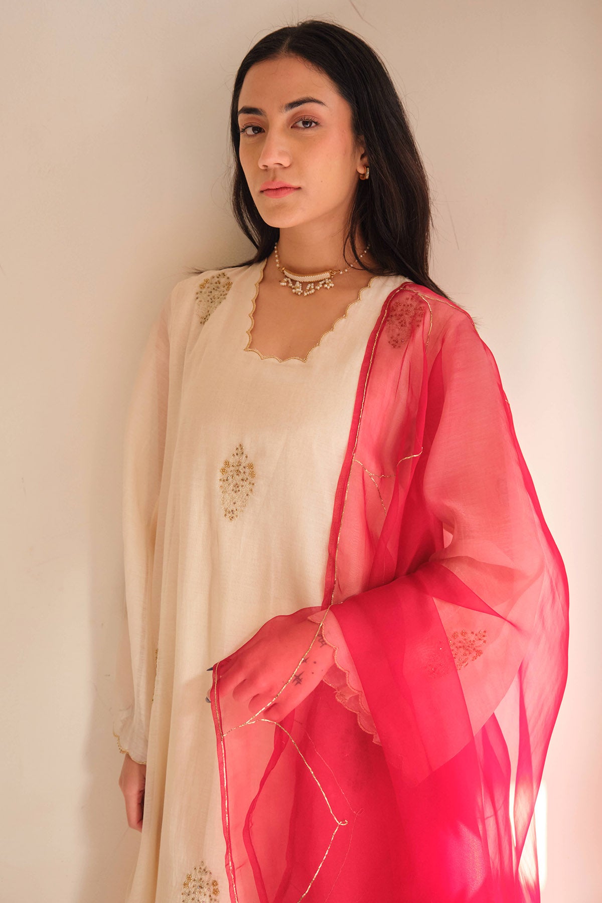Ivory Red Embellished Kurta Set