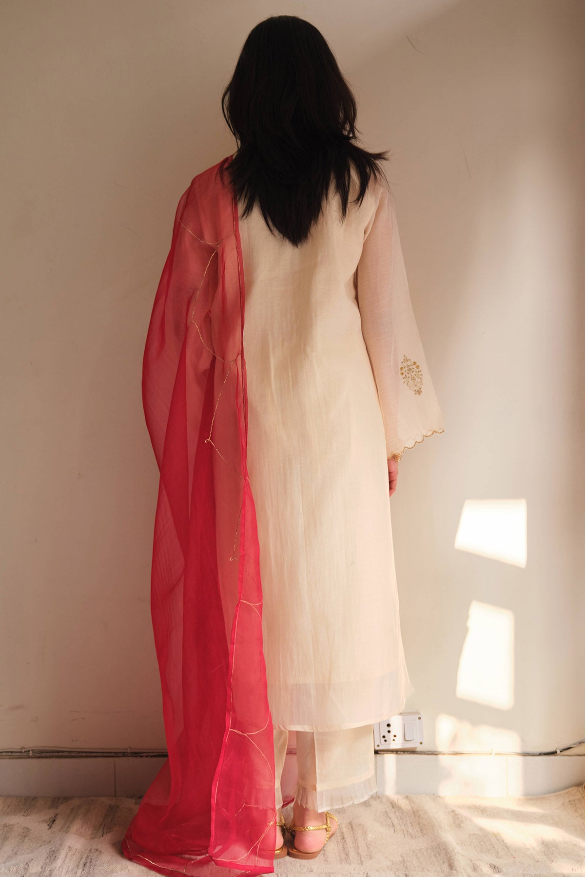 Ivory Red Embellished Kurta Set