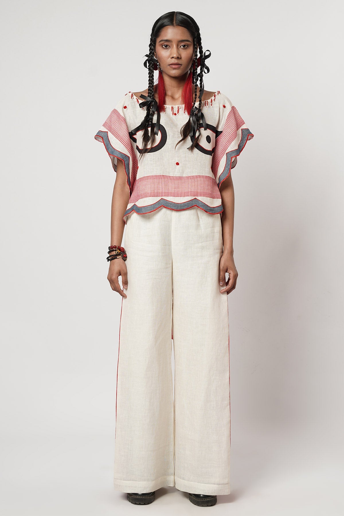 Buy Ivory Red Scalloped Co-ord Set for women by Shwetanga online available at scrollnshops