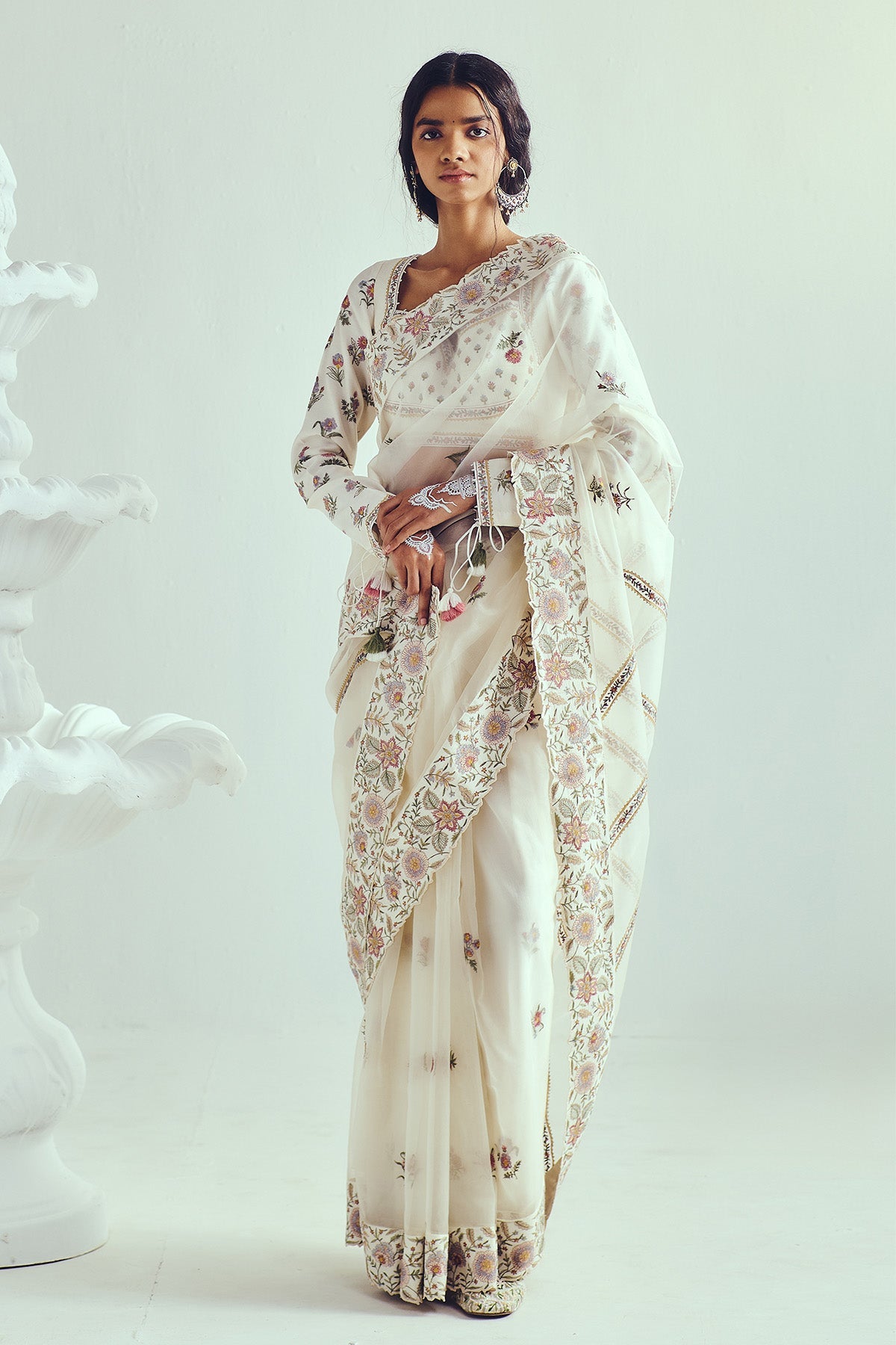 Buy Ivory Resham Embroidered Saree by WABI SABI for Women online at ScrollnShops