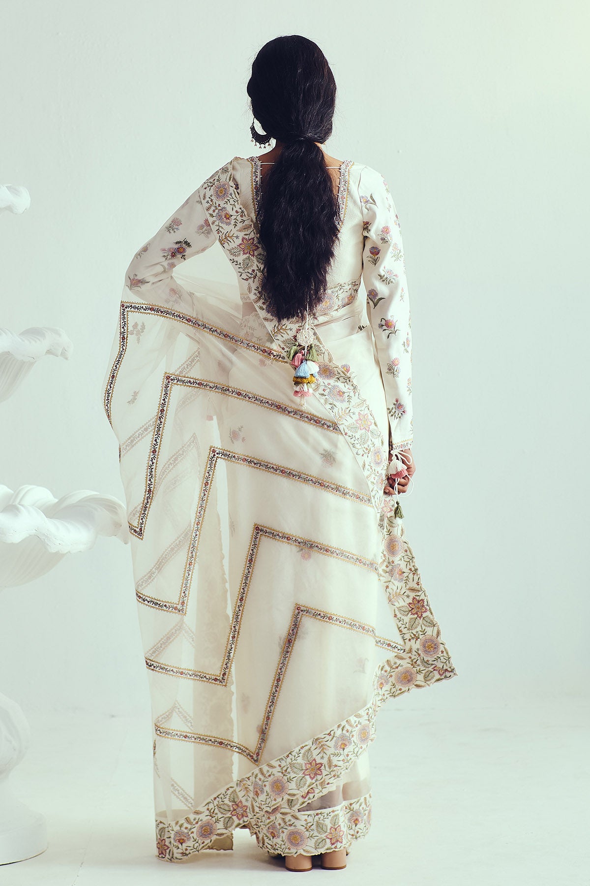 Ivory Resham Embroidered Saree