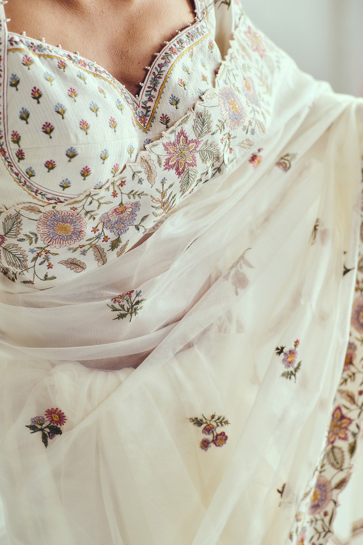 Ivory Resham Embroidered Saree