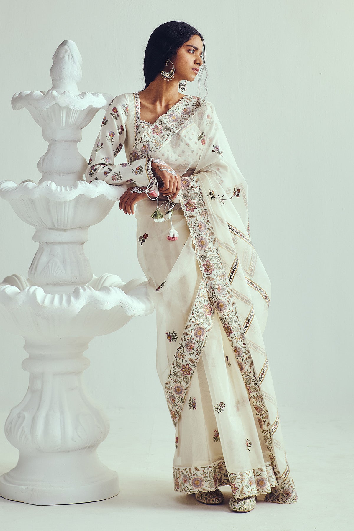 Ivory Resham Embroidered Saree