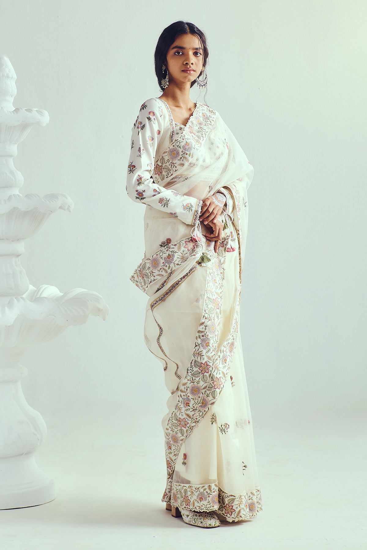 Ivory Resham Embroidered Saree