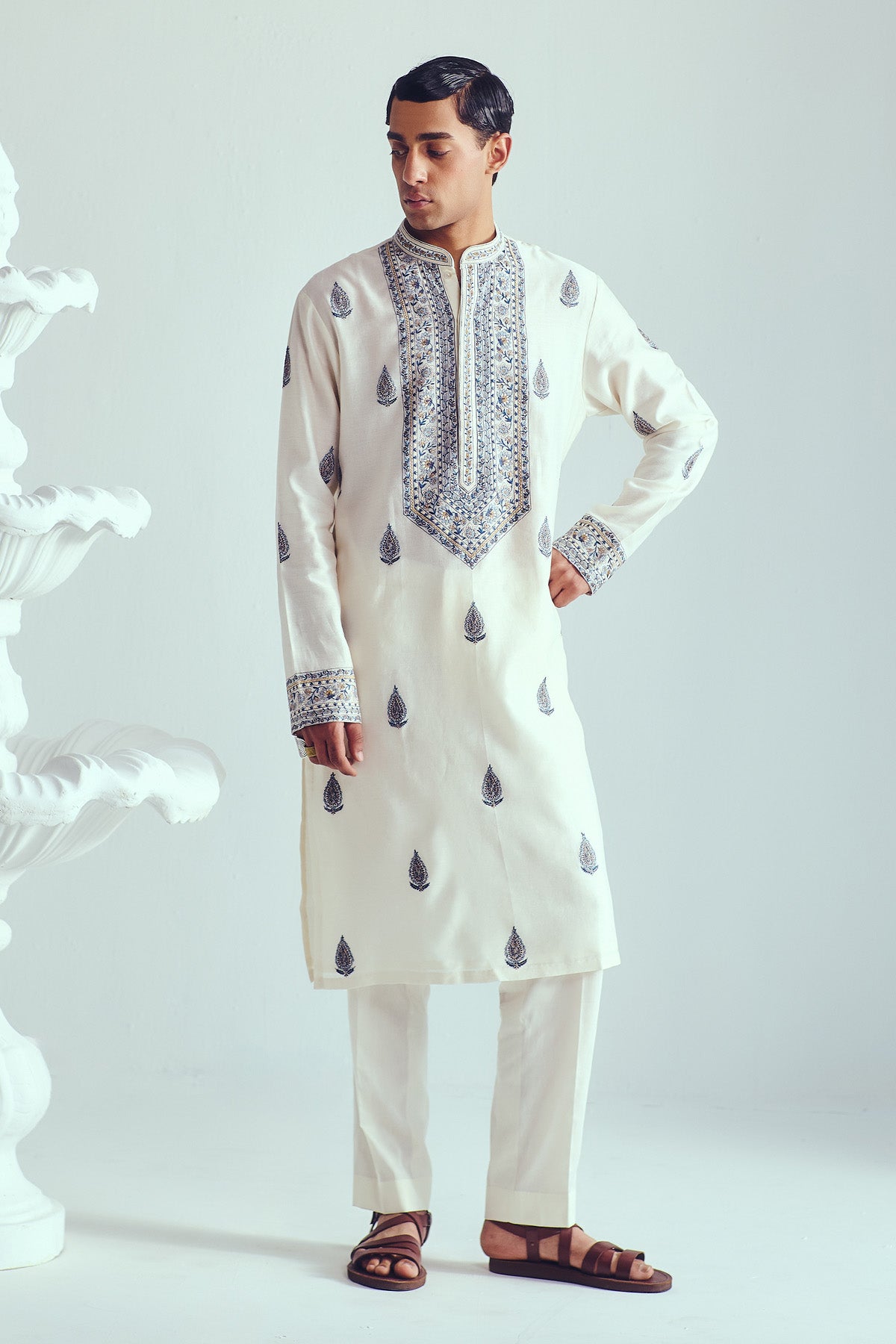Buy Ivory Resham Work Kurta & Pants by WABI SABI for Men online at ScrollnShops