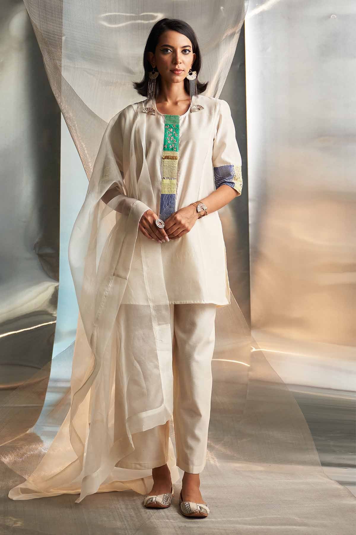 Buy Ivory Round Neck Short Kurta Set Online