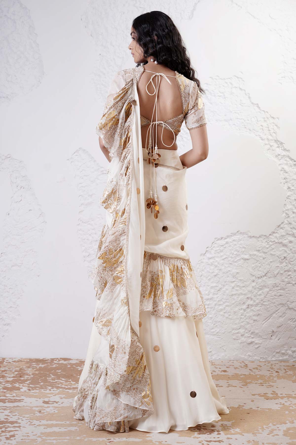 Ivory Ruffle Pre-Draped Saree