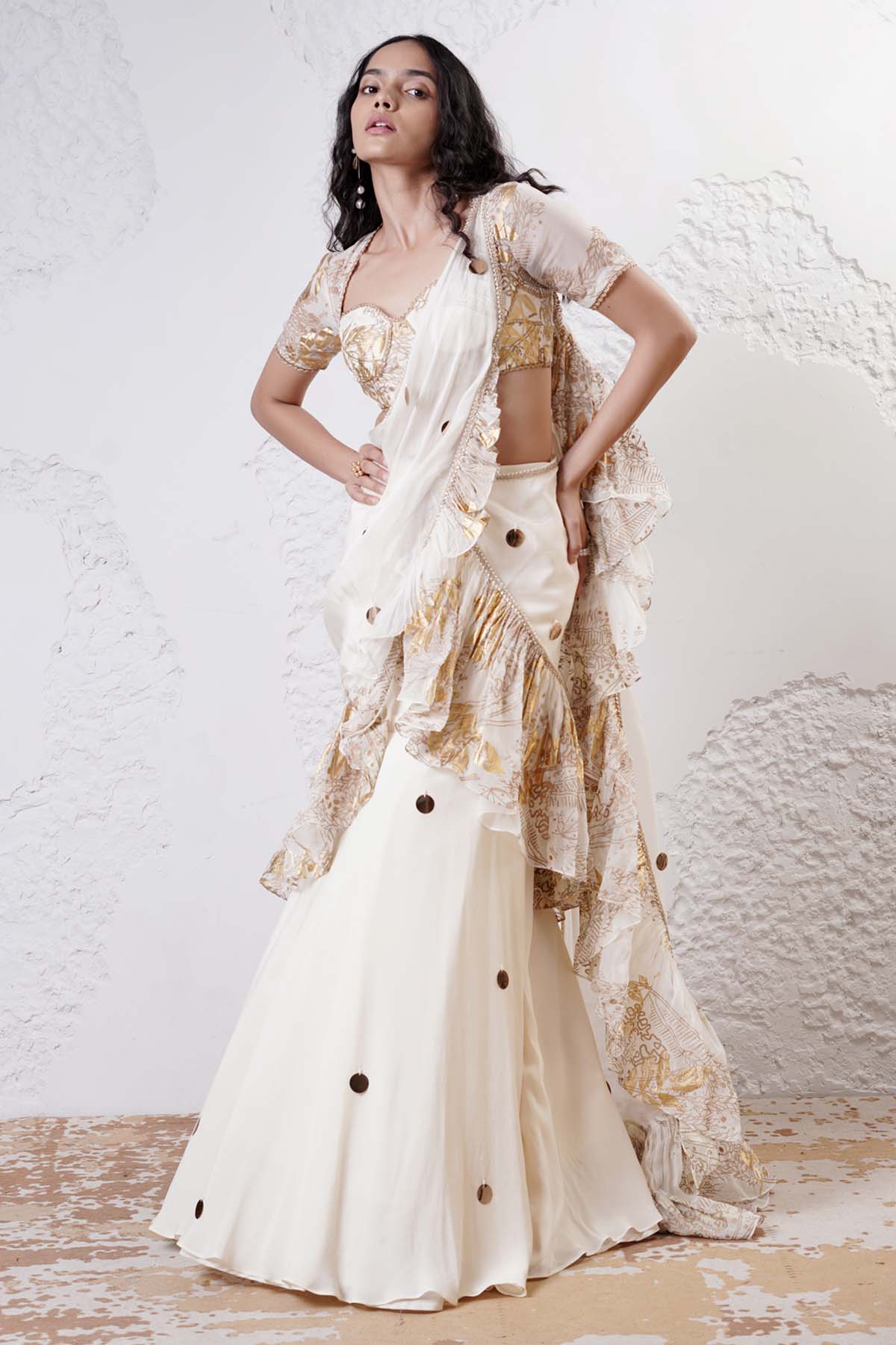 Shwetanga Ivory Ruffle Pre-Draped Saree for women online at ScrollnShops