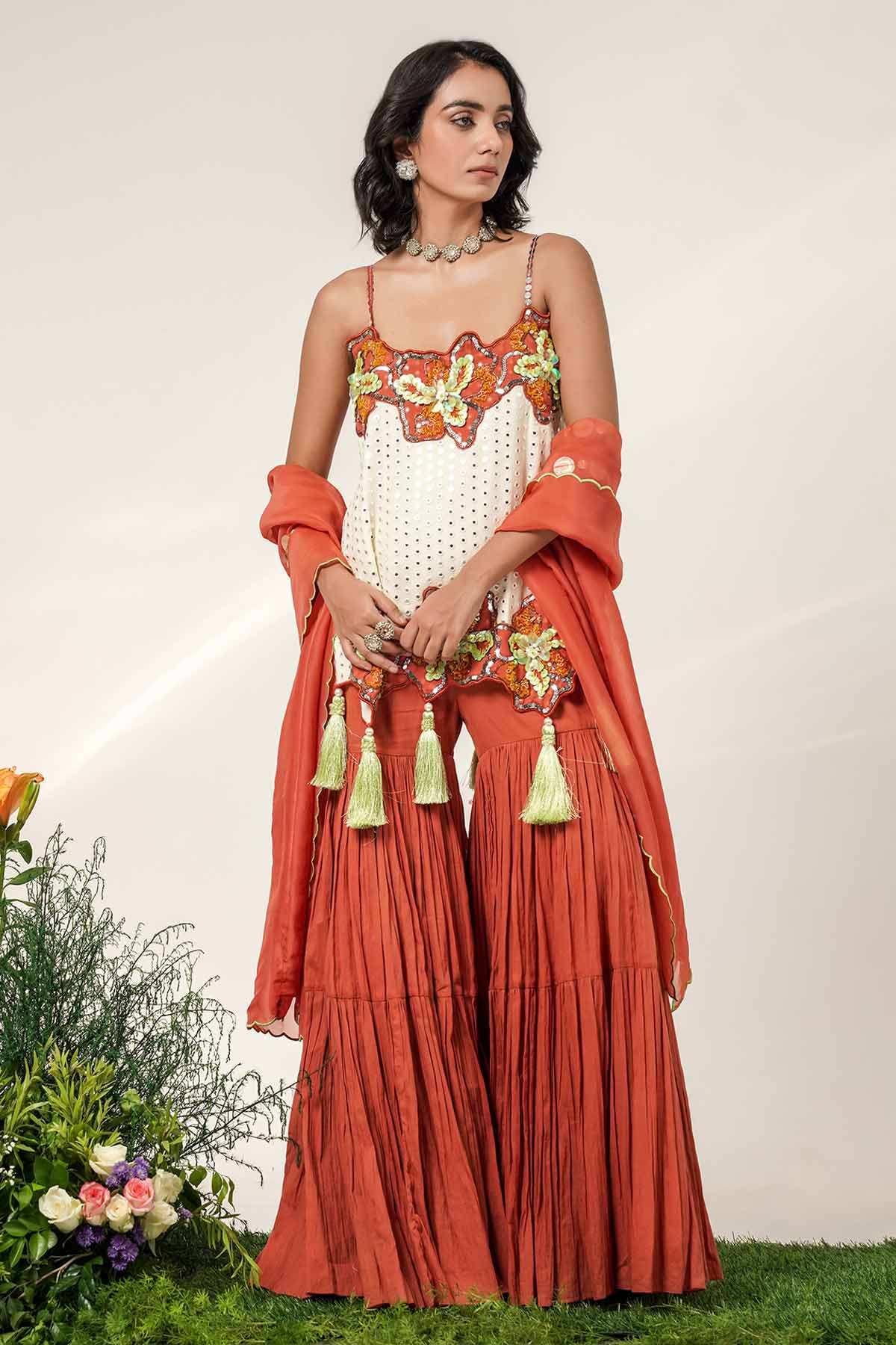 Ivory & Rust Floral Sharara Set
